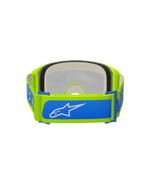 Óculos Alpinestars Vision 5 Blaze, óculos de motocross, amarelo néon e azul, vista traseira com fita tecida ajustável de 45 mm com detalhes azuis e logótipo Alpinestars branco, espuma facial espessa de várias camadas, concebidos para corridas off-road