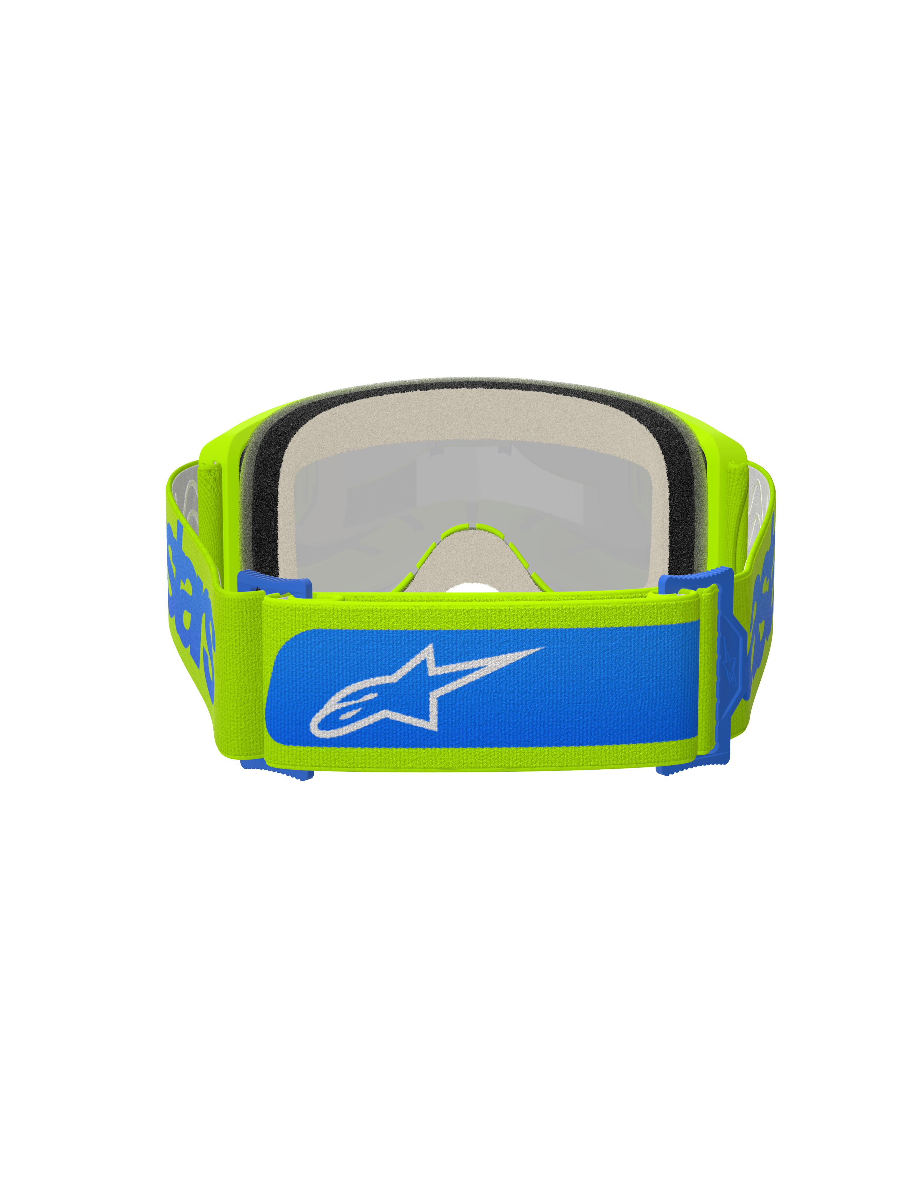 Óculos Alpinestars Vision 5 Blaze, óculos de motocross, amarelo néon e azul, vista traseira com fita tecida ajustável de 45 mm com detalhes azuis e logótipo Alpinestars branco, espuma facial espessa de várias camadas, concebidos para corridas off-road