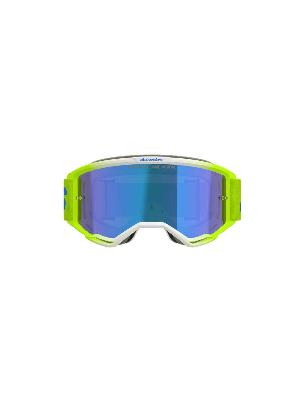 Óculos Alpinestars Vision 5 Blaze, óculos de motocross, amarelo néon e azul, com lente espelhada azul, detalhes da armação em branco e fita larga ajustável com a marca Alpinestars, proteção ocular profissional para corridas de motocross e todo-o-terreno