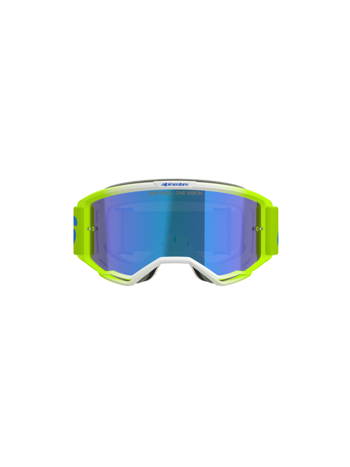 Óculos Alpinestars Vision 5 Blaze, óculos de motocross, amarelo néon e azul, com lente espelhada azul, detalhes da armação em branco e fita larga ajustável com a marca Alpinestars, proteção ocular profissional para corridas de motocross e todo-o-terreno