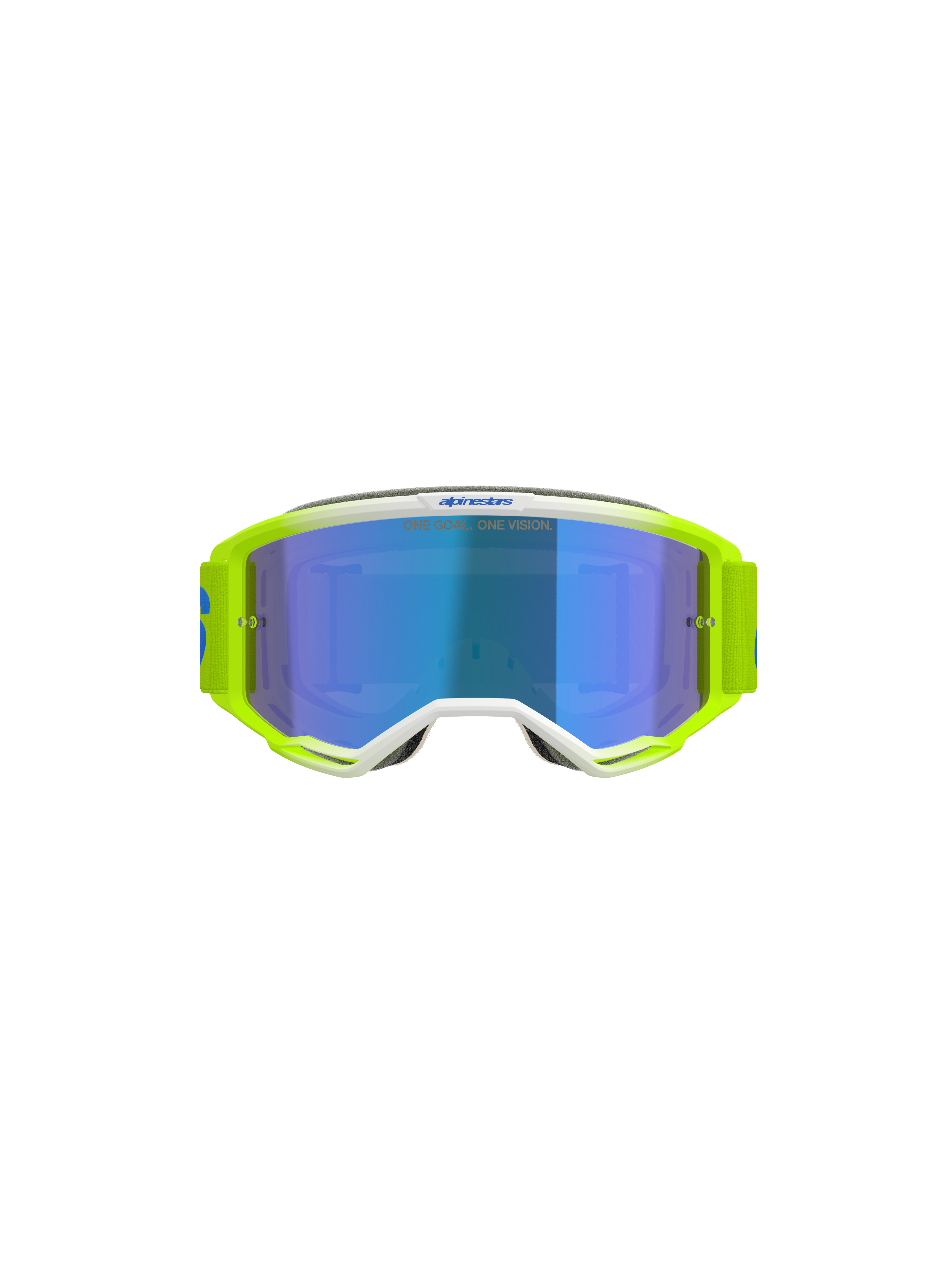 Óculos Alpinestars Vision 5 Blaze, óculos de motocross, amarelo néon e azul, com lente espelhada azul, detalhes da armação em branco e fita larga ajustável com a marca Alpinestars, proteção ocular profissional para corridas de motocross e todo-o-terreno