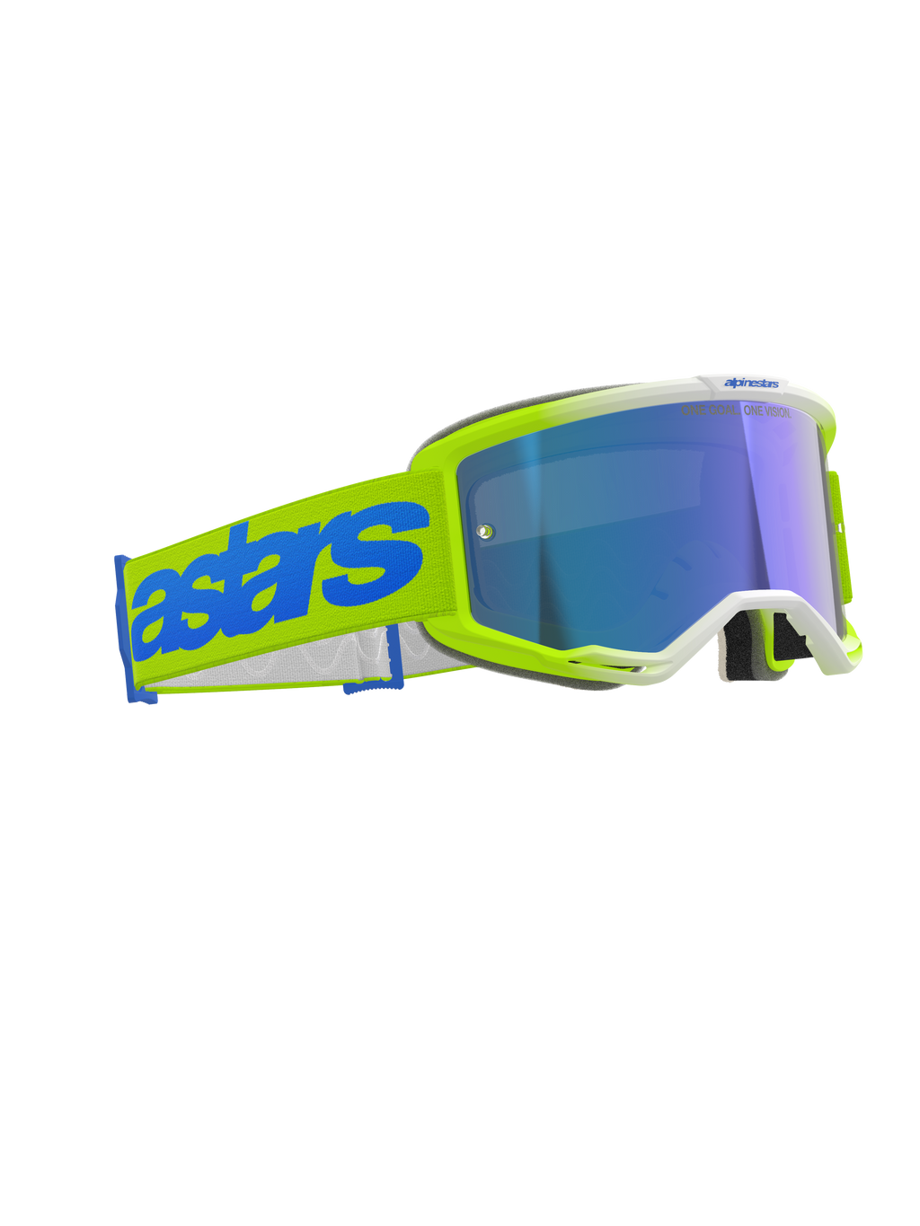 Alpinestars Vision 5 Blaze Goggles, óculos de motocross, amarelo néon e azul, lente azul espelhada, fita larga amarela com logótipo 'astars' azul em destaque, proteção ocular profissional para corridas todo-o-terreno