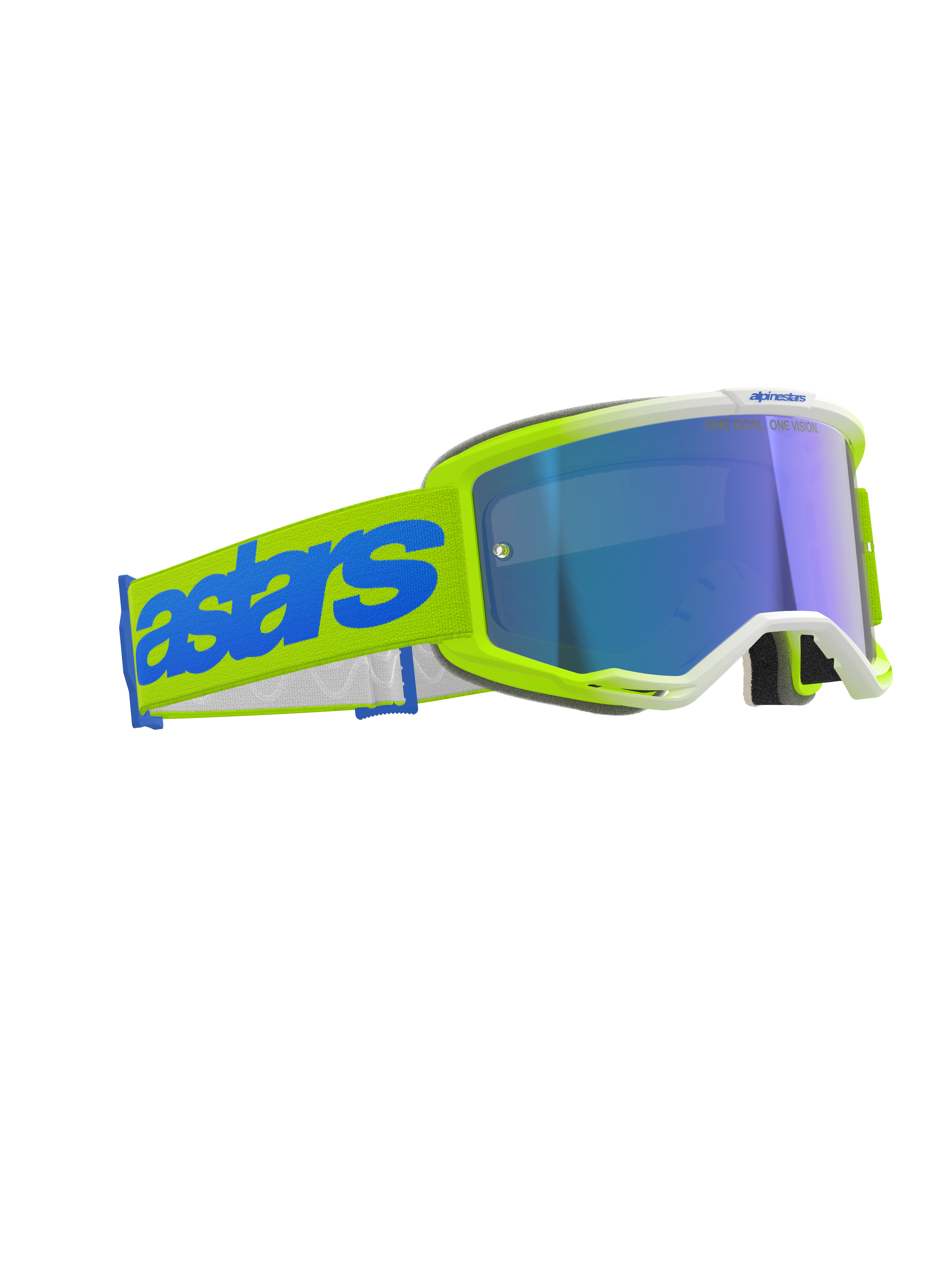 Alpinestars Vision 5 Blaze Goggles, óculos de motocross, amarelo néon e azul, lente azul espelhada, fita larga amarela com logótipo 'astars' azul em destaque, proteção ocular profissional para corridas todo-o-terreno