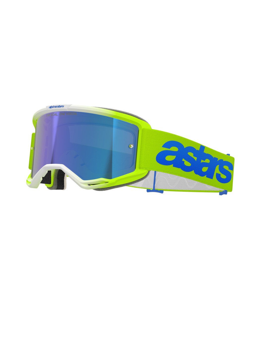 Alpinestars Vision 5 Blaze Goggles, óculos de motocross, amarelo néon e azul, com lente espelhada azul, armação amarelo néon com acabamento em branco, fita ajustável com logótipo Astars em azul, proteção ocular de alto desempenho para competição off-road