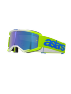 Alpinestars Vision 5 Blaze Goggles, óculos de motocross, amarelo néon e azul, com lente espelhada azul, armação amarelo néon com acabamento em branco, fita ajustável com logótipo Astars em azul, proteção ocular de alto desempenho para competição off-road