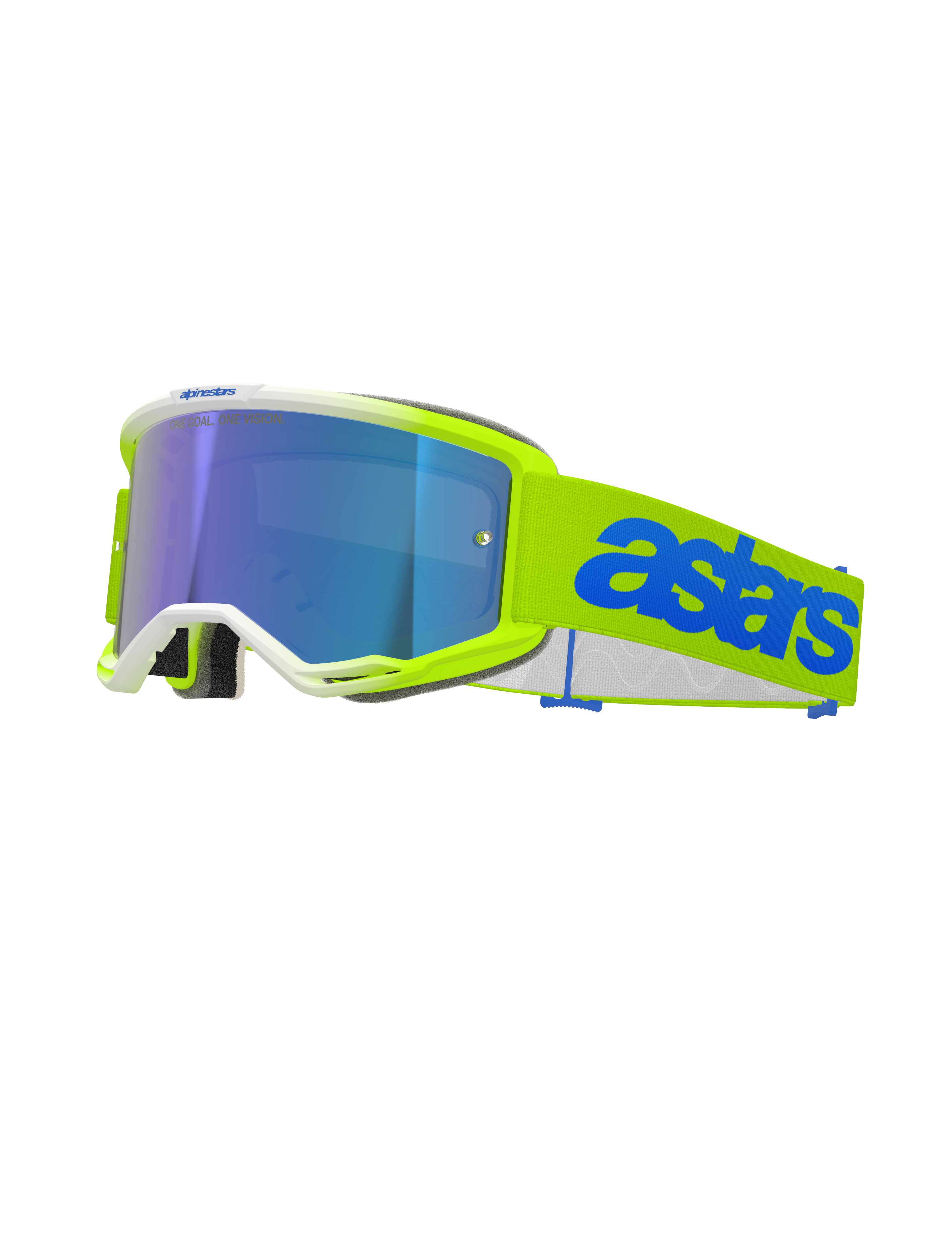 Alpinestars Vision 5 Blaze Goggles, óculos de motocross, amarelo néon e azul, com lente espelhada azul, armação amarelo néon com acabamento em branco, fita ajustável com logótipo Astars em azul, proteção ocular de alto desempenho para competição off-road