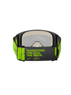 Alpinestars Vision 5 Hollow Goggles, Motocross Goggles, Charcoal and Yellow Fluo, rear view showing wide woven strap with 'ALPINESTARS ONE GOAL. ONE VISION.' branding, multi-layer face foam, designed for off-road racing