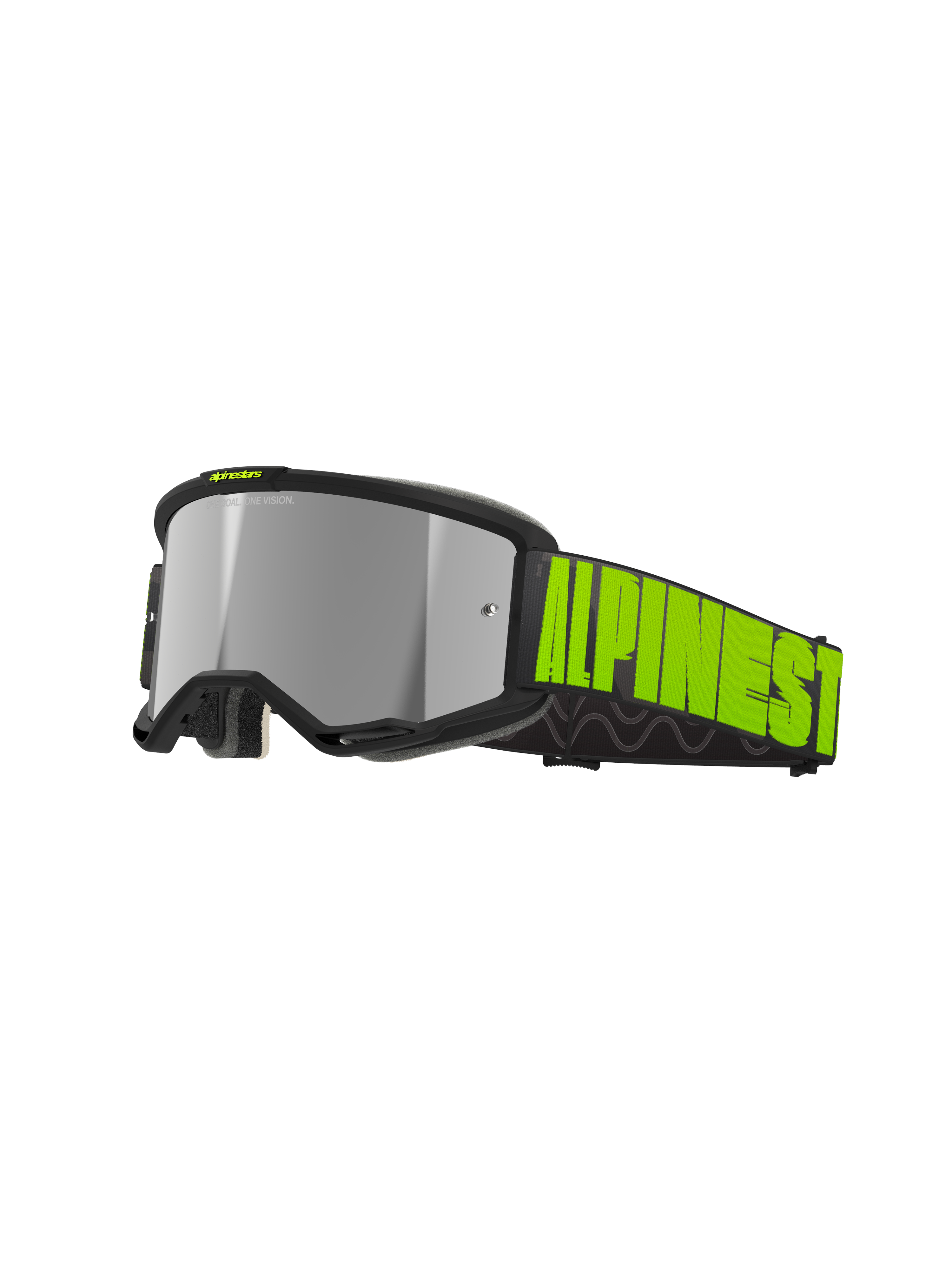 Alpinestars Vision 5 Hollow Goggles, óculos de motocross e todo-o-terreno, cinzento e amarelo néon, lentes prateadas espelhadas com armação preta, fita preta larga com logótipo amarelo néon e aderência interna em silicone, aberturas de ventilação e espuma facial macia