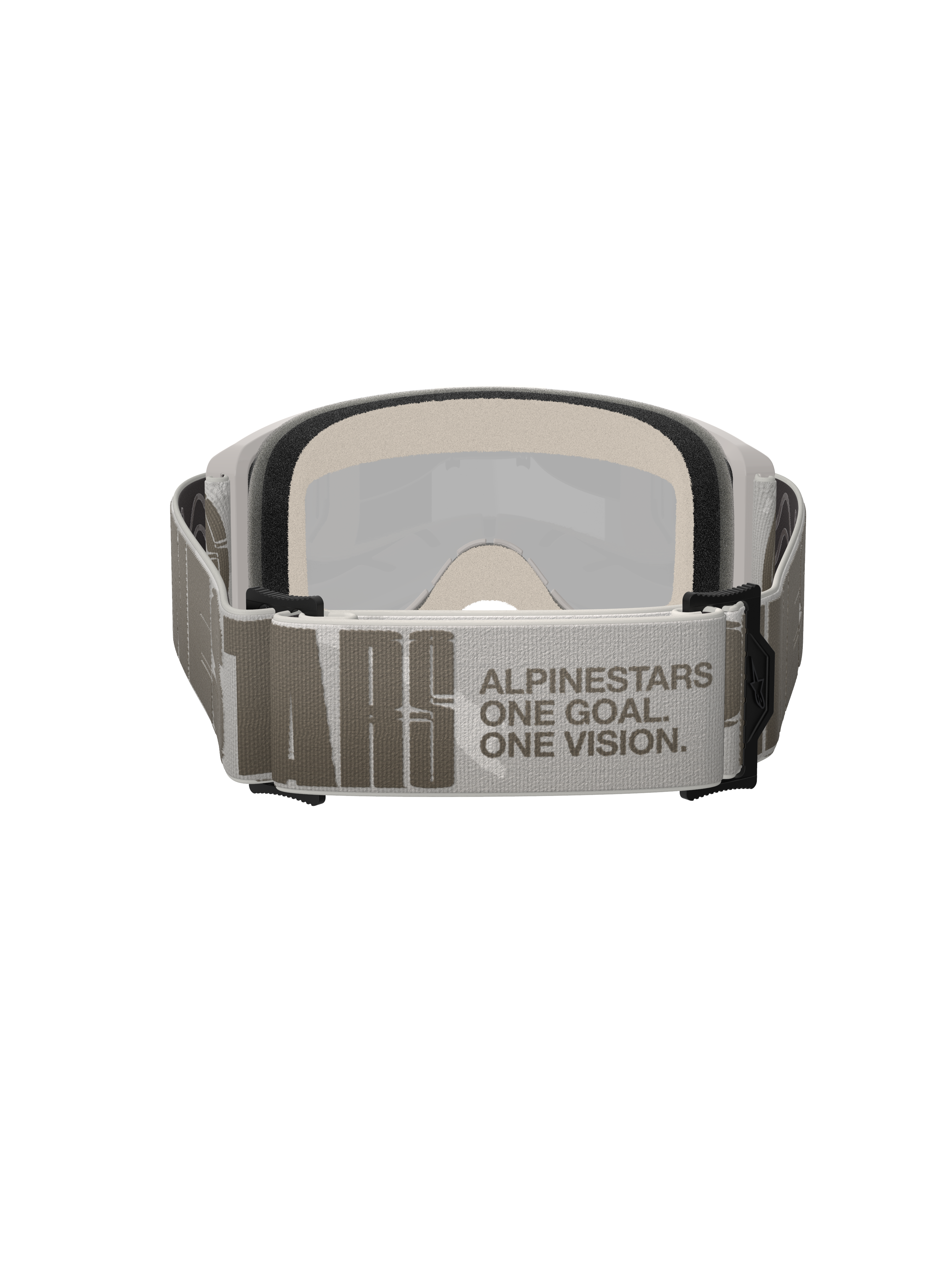 Alpinestars Vision 5 Hollow Goggles, Motocross Goggles, White and Light Gray, Rear view featuring a wide woven strap with 'ALPINESTARS ONE GOAL. ONE VISION.' branding, thick multi-layer face foam, high-performance off-road eyewear