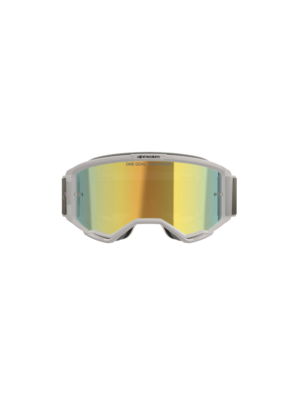 Alpinestars Vision 5 Hollow Goggles, Motocross Goggles, White and Wind Mirror Gold, front view showing mirrored polycarbonate lens, light grey flexible frame and strap, premium eye protection for motocross and off-road riding