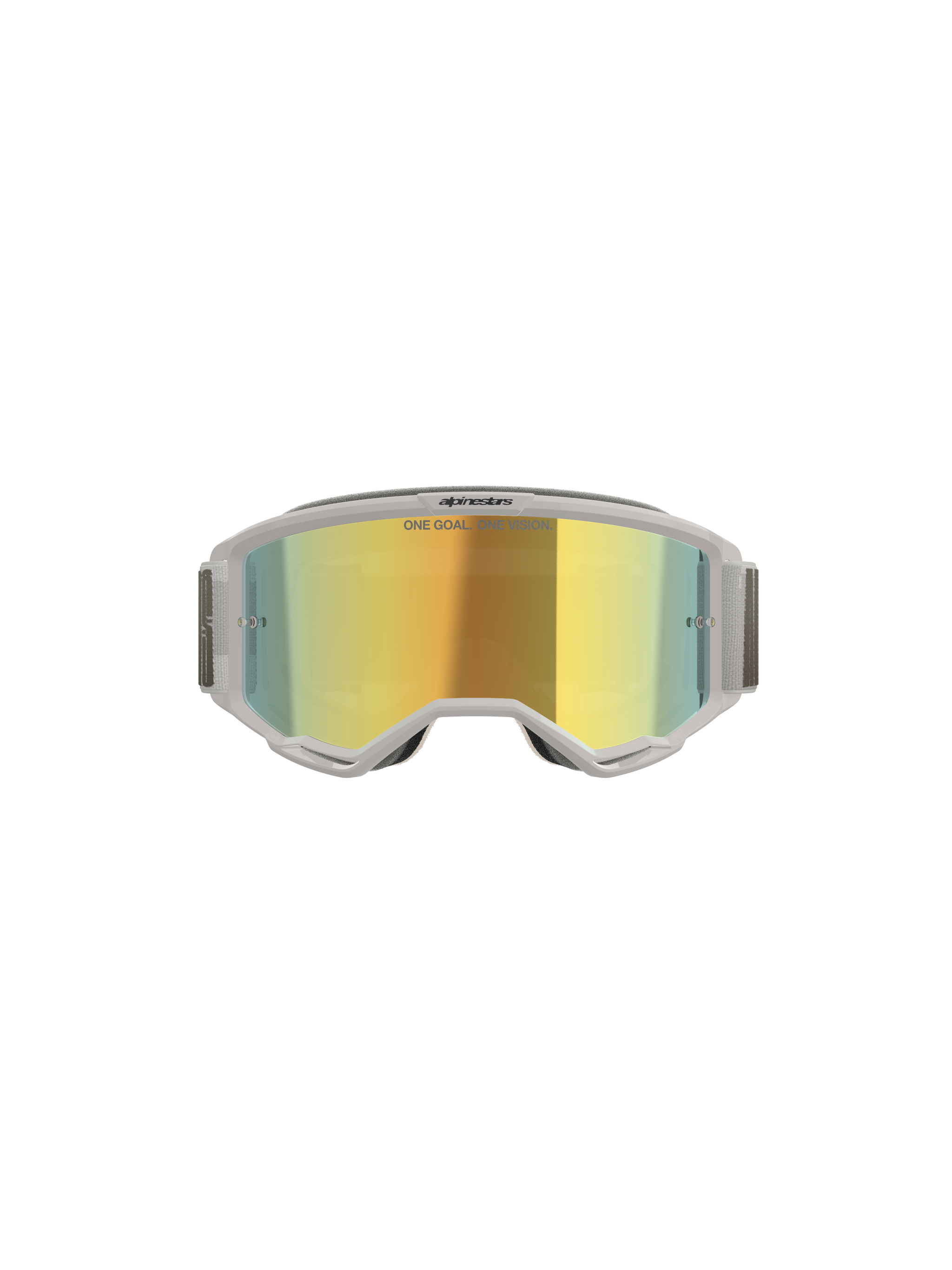 Alpinestars Vision 5 Hollow Goggles, Motocross Goggles, White and Wind Mirror Gold, front view showing mirrored polycarbonate lens, light grey flexible frame and strap, premium eye protection for motocross and off-road riding