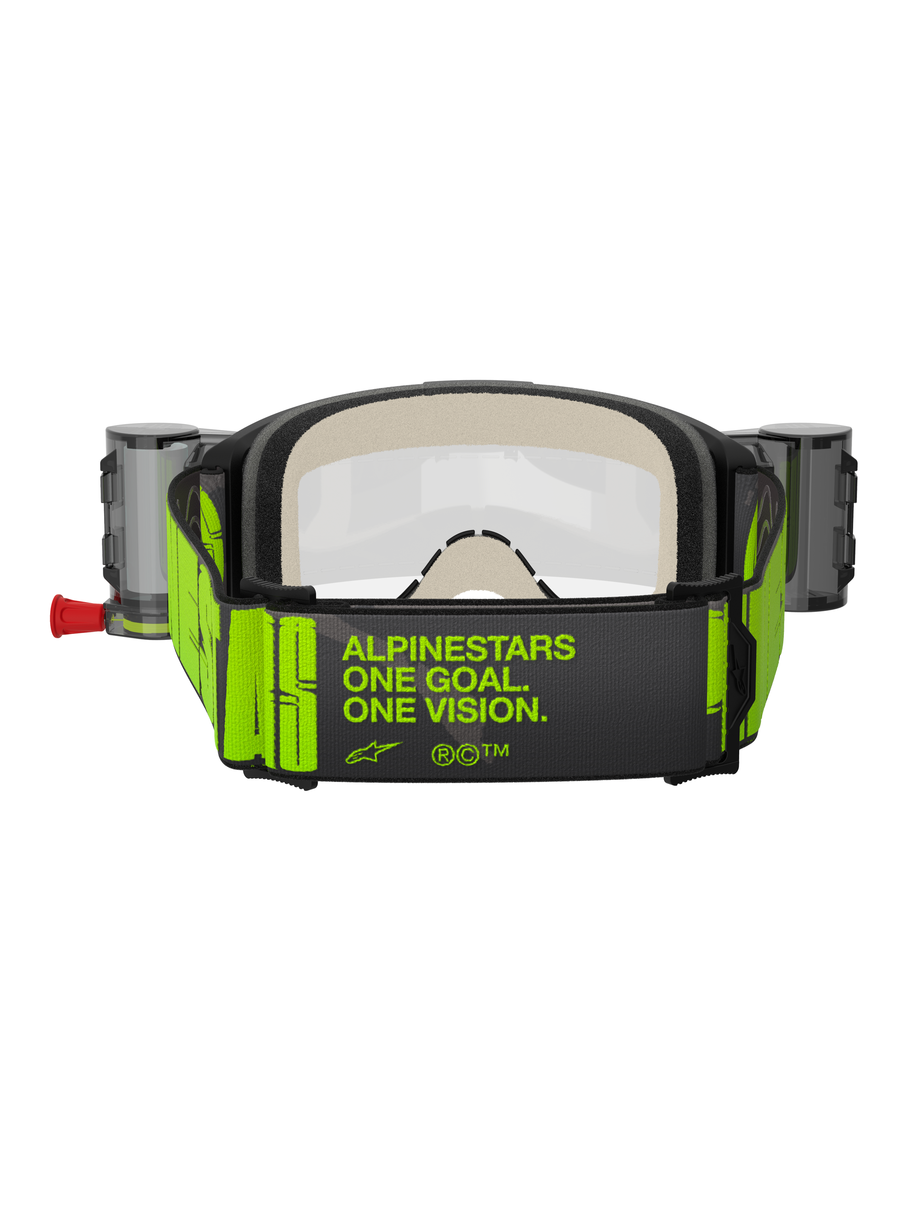 Óculos Alpinestars Vision 5 Hollow Roll Off, óculos de motocross, cinzento e amarelo néon, vista traseira da fita tecida larga com o slogan 'ALPINESTARS ONE GOAL. ONE VISION.' em amarelo néon, espuma facial multicamada espessa, recipientes do sistema roll-off