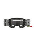 Alpinestars Vision 5 Hollow Goggles Roll Off, óculos de motocross, cinzento carvão e amarelo fluorescente, com sistema de lente roll-off transparente, depósitos translúcidos, puxador vermelho, logótipos brancos e texto "ONE GOAL. ONE VISION.", concebidos para competição todo-o-terreno