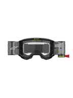 Alpinestars Vision 5 Hollow Goggles Roll Off, óculos de motocross, cinzento carvão e amarelo fluorescente, com sistema de lente roll-off transparente, depósitos translúcidos, puxador vermelho, logótipos brancos e texto "ONE GOAL. ONE VISION.", concebidos para competição todo-o-terreno