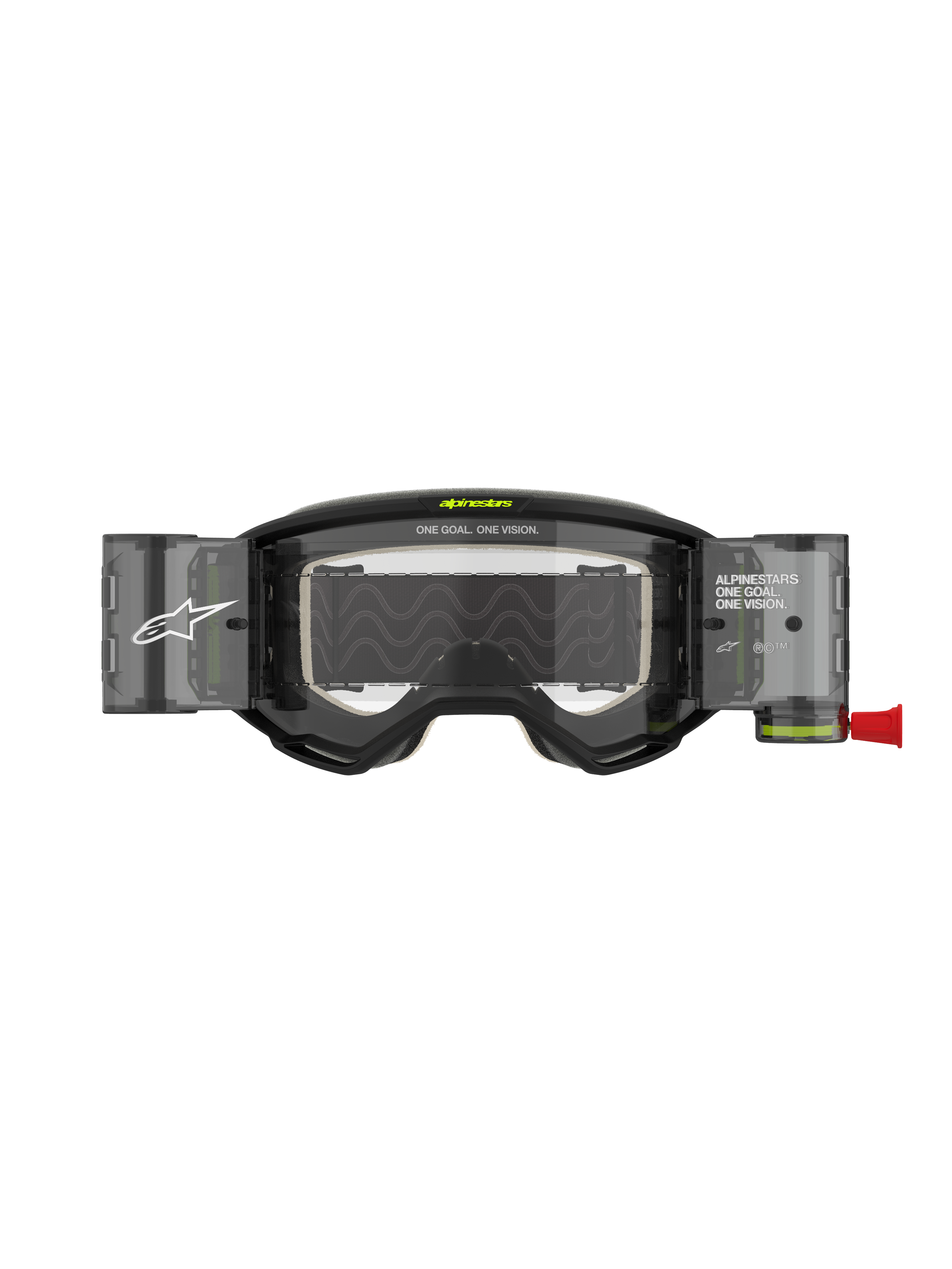 Alpinestars Vision 5 Hollow Goggles Roll Off, óculos de motocross, cinzento carvão e amarelo fluorescente, com sistema de lente roll-off transparente, depósitos translúcidos, puxador vermelho, logótipos brancos e texto "ONE GOAL. ONE VISION.", concebidos para competição todo-o-terreno