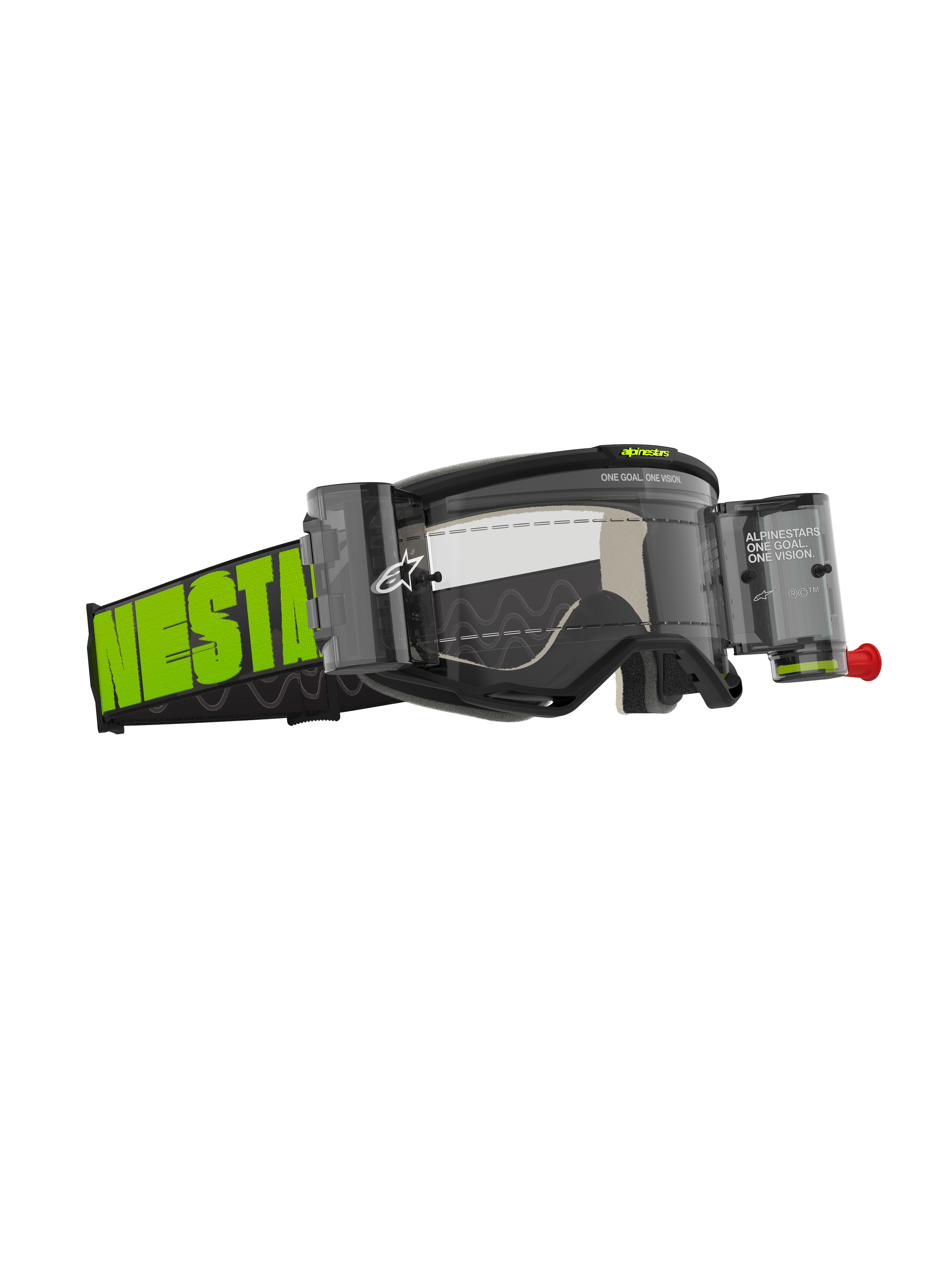 Óculos Alpinestars Vision 5 Hollow Roll Off, óculos de motocross, cinzento e amarelo fluo, lente transparente com canisters de roll-off integrados, fita tecida larga com logótipo em verde néon de destaque, armação A-FLEX e espuma facial multicamada para desempenho todo-o-terreno