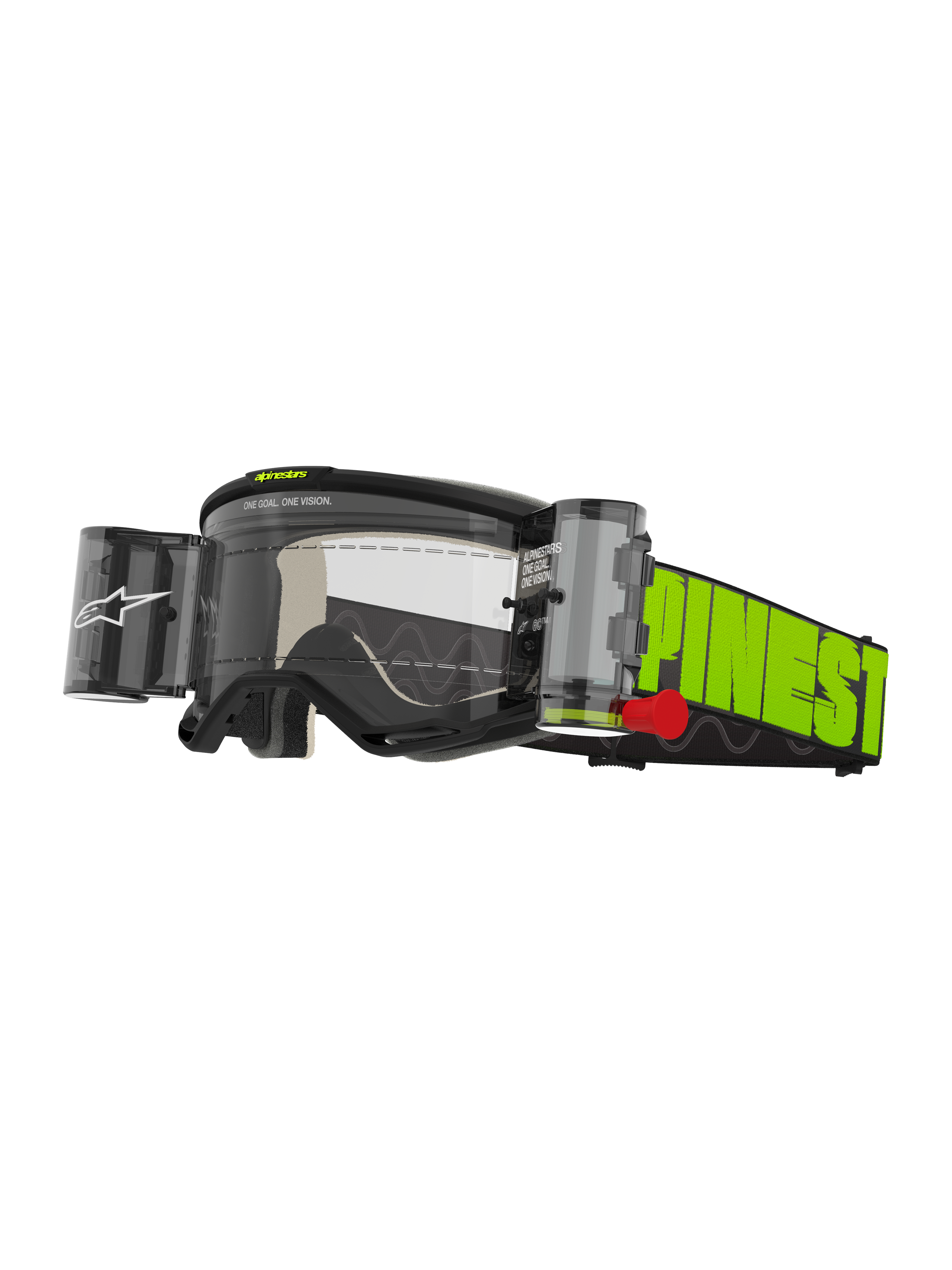 Alpinestars Vision 5 Hollow Goggles Roll Off, óculos de motocross, cinzento e amarelo néon, lente transparente anti-embaciamento com sistema roll-off WIDE-VISION integrado, fita amarela néon vibrante com branding a preto, proteção ocular durável para todo-o-terreno