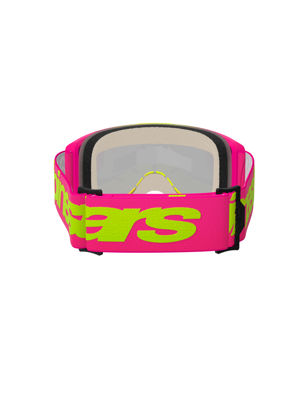 Óculos Alpinestars Vision 5 Wordmark, óculos de motocross, cor-de-rosa e amarelo néon, vista traseira realçando a correia larga tecida cor-de-rosa com o logótipo Alpinestars em amarelo, espuma facial de várias camadas e armação leve de uretano