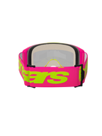 Óculos Alpinestars Vision 5 Wordmark, óculos de motocross, cor-de-rosa e amarelo néon, vista traseira realçando a correia larga tecida cor-de-rosa com o logótipo Alpinestars em amarelo, espuma facial de várias camadas e armação leve de uretano