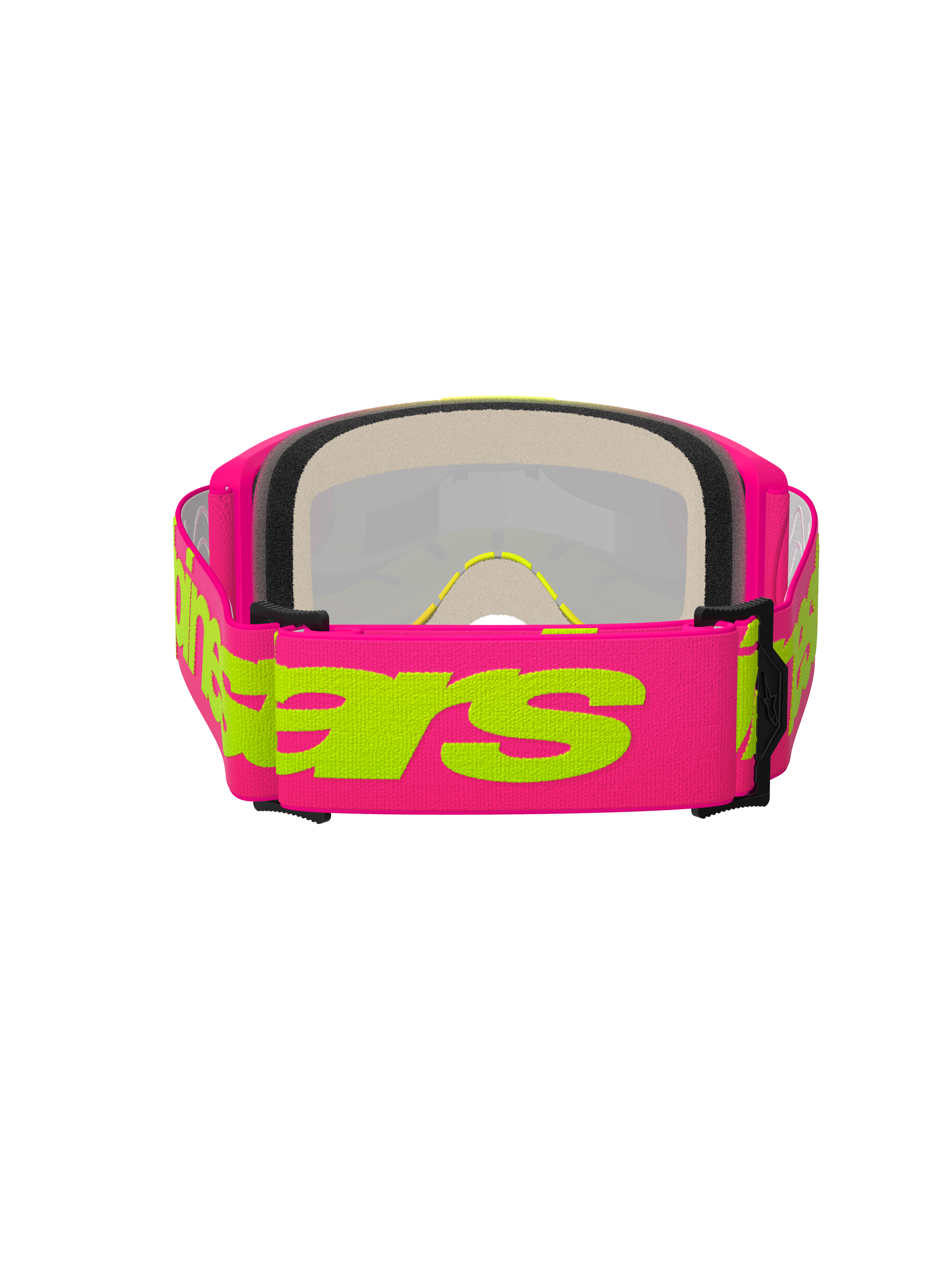 Óculos Alpinestars Vision 5 Wordmark, óculos de motocross, cor-de-rosa e amarelo néon, vista traseira realçando a correia larga tecida cor-de-rosa com o logótipo Alpinestars em amarelo, espuma facial de várias camadas e armação leve de uretano