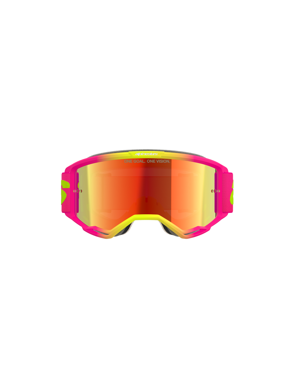 Óculos Alpinestars Vision 5 Wordmark, óculos de motocross, armação rosa e amarelo néon com lente espelhada vermelha, apresentando marca em destaque e o texto "One Goal. One Vision." na lente, óculos de alto desempenho para off-road