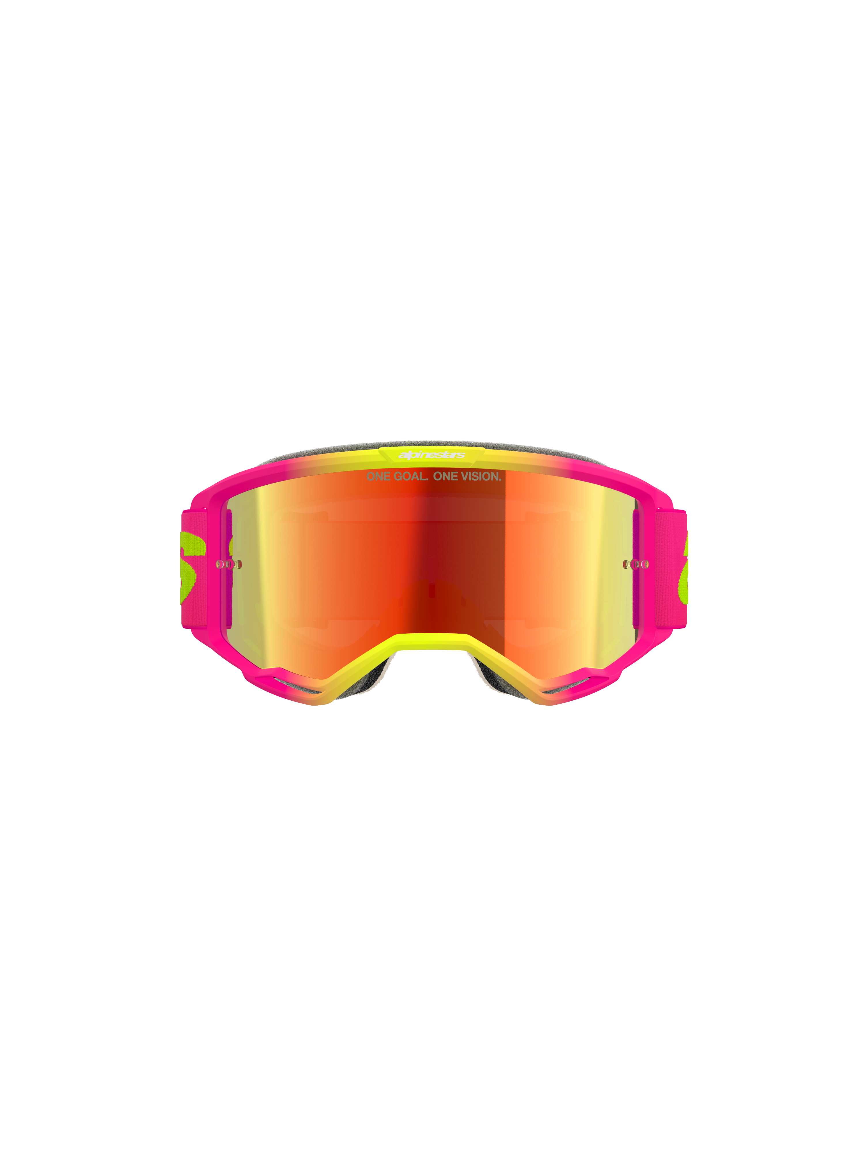 Óculos Alpinestars Vision 5 Wordmark, óculos de motocross, armação rosa e amarelo néon com lente espelhada vermelha, apresentando marca em destaque e o texto "One Goal. One Vision." na lente, óculos de alto desempenho para off-road
