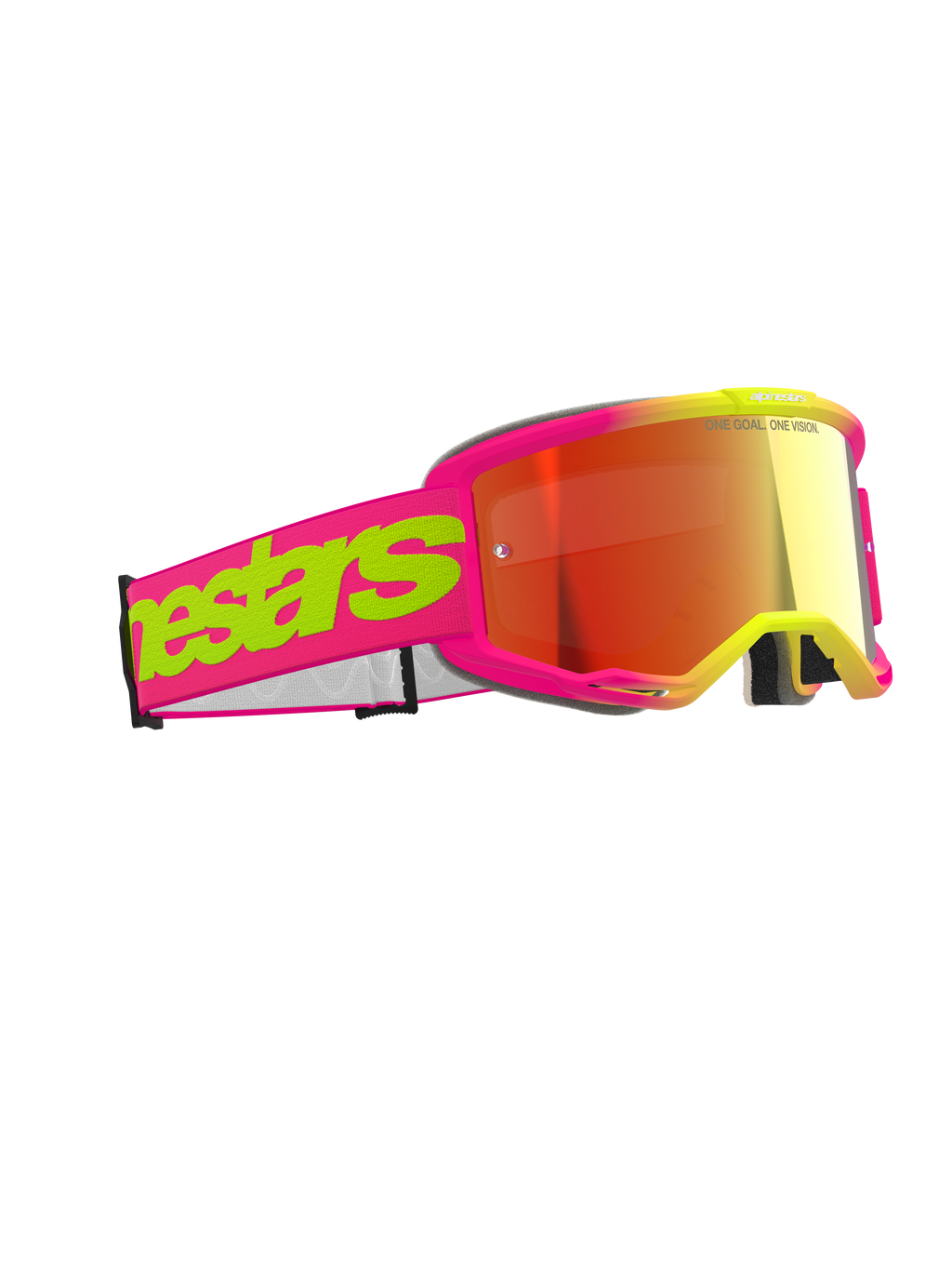 Óculos Alpinestars Vision 5 Wordmark, óculos de motocross, rosa e amarelo fluorescente com lente espelhada vermelha, logótipo em destaque na fita, armação flexível, proteção ocular de alta performance para corridas fora de estrada