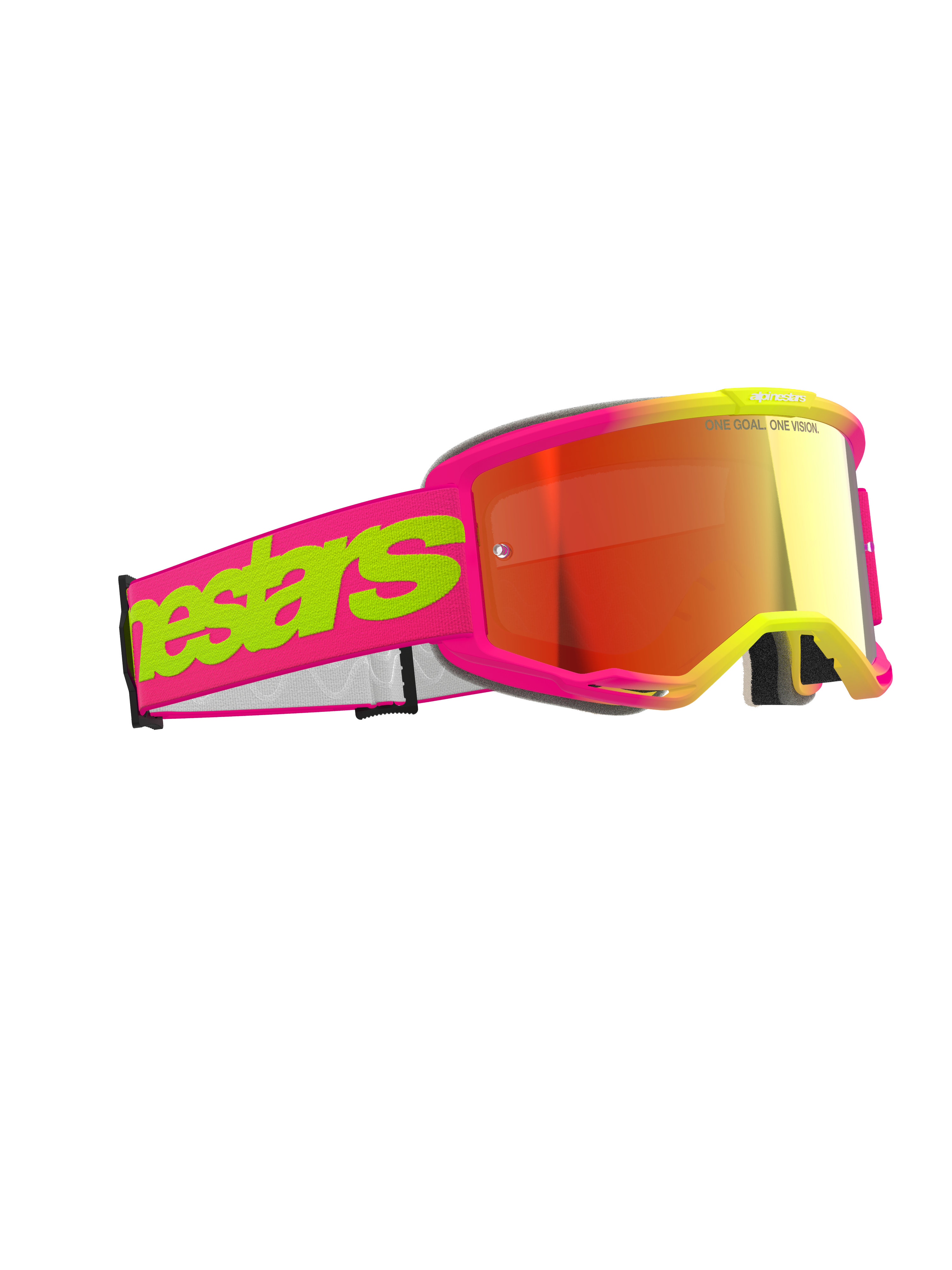 Óculos Alpinestars Vision 5 Wordmark, óculos de motocross, rosa e amarelo fluorescente com lente espelhada vermelha, logótipo em destaque na fita, armação flexível, proteção ocular de alta performance para corridas fora de estrada