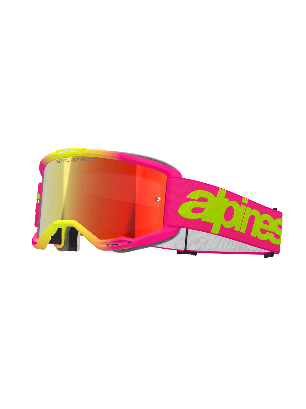 Óculos Alpinestars Vision 5 Wordmark, óculos de motocross, rosa fluo e amarelo, lente espelhada vermelha, tira larga cor-de-rosa com logótipo wordmark verde lima arrojado, design desportivo para corridas off-road