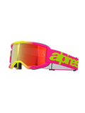 Óculos Alpinestars Vision 5 Wordmark, óculos de motocross, rosa fluo e amarelo, lente espelhada vermelha, tira larga cor-de-rosa com logótipo wordmark verde lima arrojado, design desportivo para corridas off-road