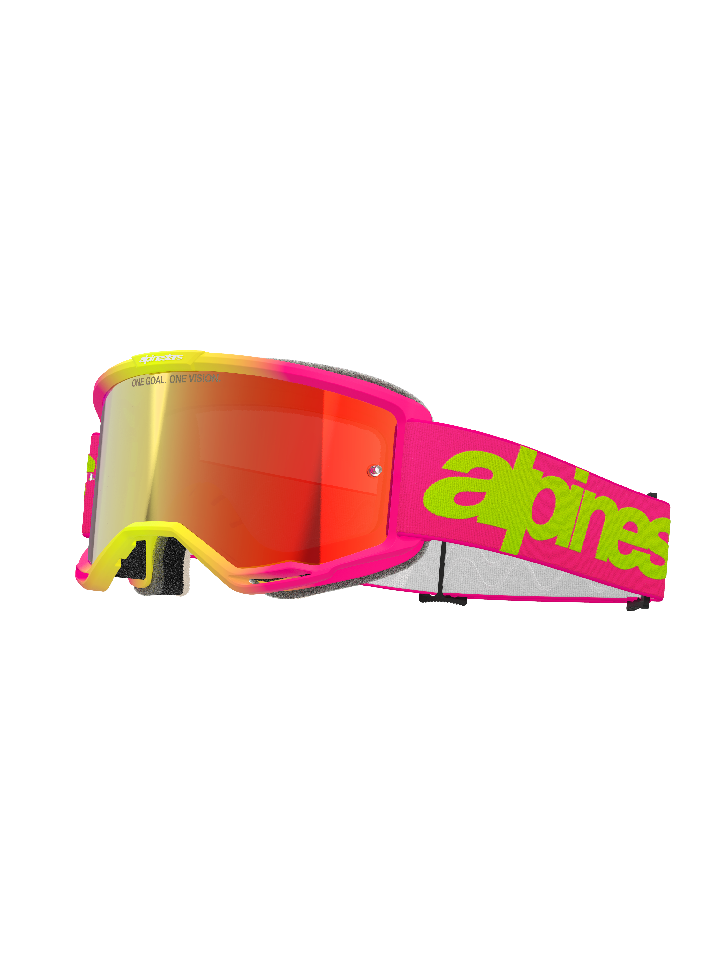 Alpinestars Vision 5 Wordmark Goggles, Motocross Goggles, Pink Fluo and Yellow, Red Mirror Lens, wide pink strap with bold lime green wordmark, sporty design for off-road racing