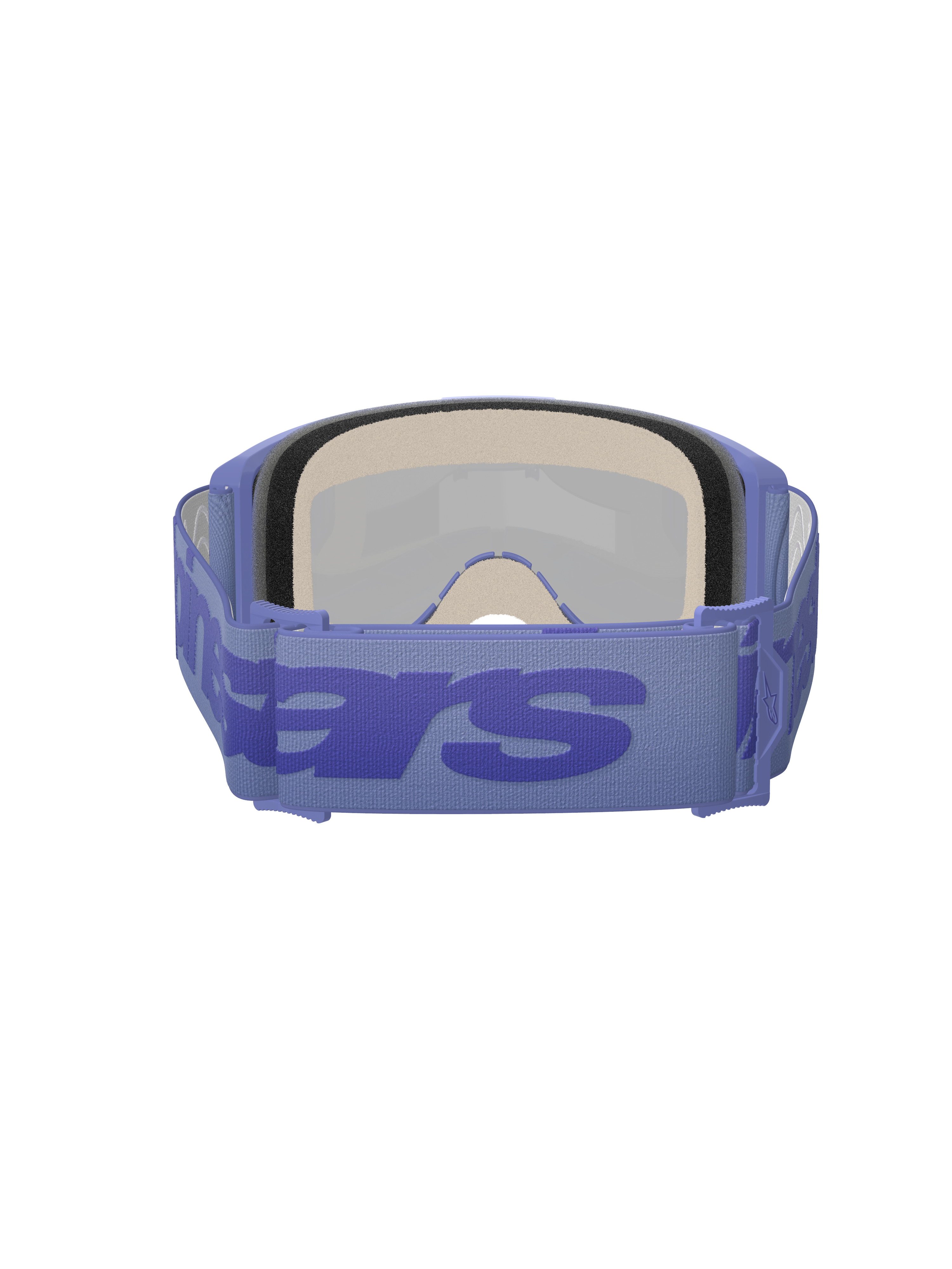 Óculos Alpinestars Vision 5 Wordmark, óculos de motocross, Roxo Mirror Blue, vista traseira que mostra a espuma facial espessa de várias camadas e correia roxa ajustável com logótipo wordmark grande em azul, óculos de proteção de alta performance para corridas off-road
