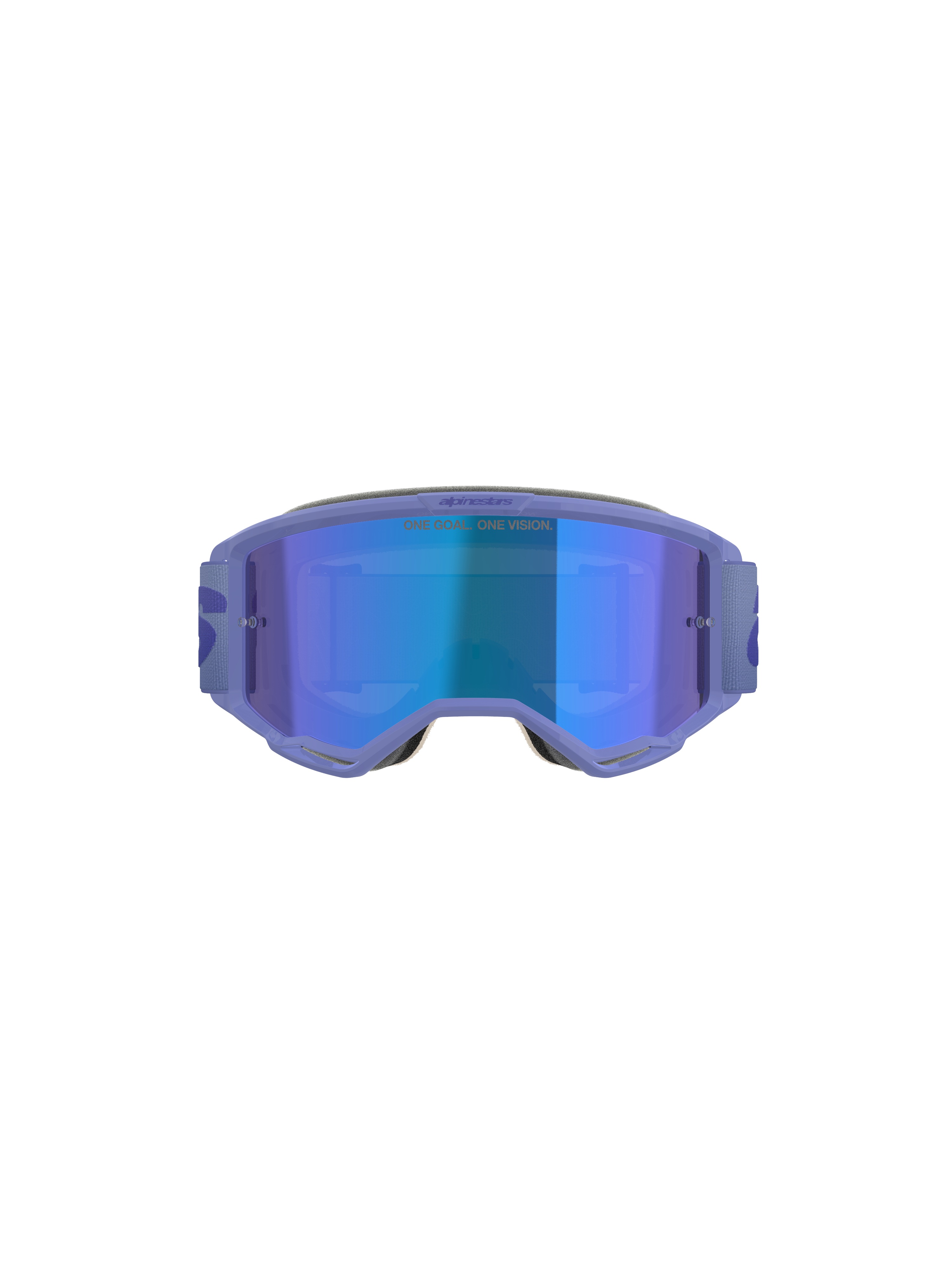 Óculos Alpinestars Vision 5 Wordmark, óculos de motocross, roxos com lente espelhada azul, vista frontal com um amplo campo de visão, tira ajustável e branding em destaque