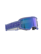 Óculos Alpinestars Vision 5 Wordmark, óculos de motocross, roxo e azul espelhado, com armação roxa e lente azul refletora, tira larga roxa com a marca Alpinestars, design ergonómico para corridas off-road