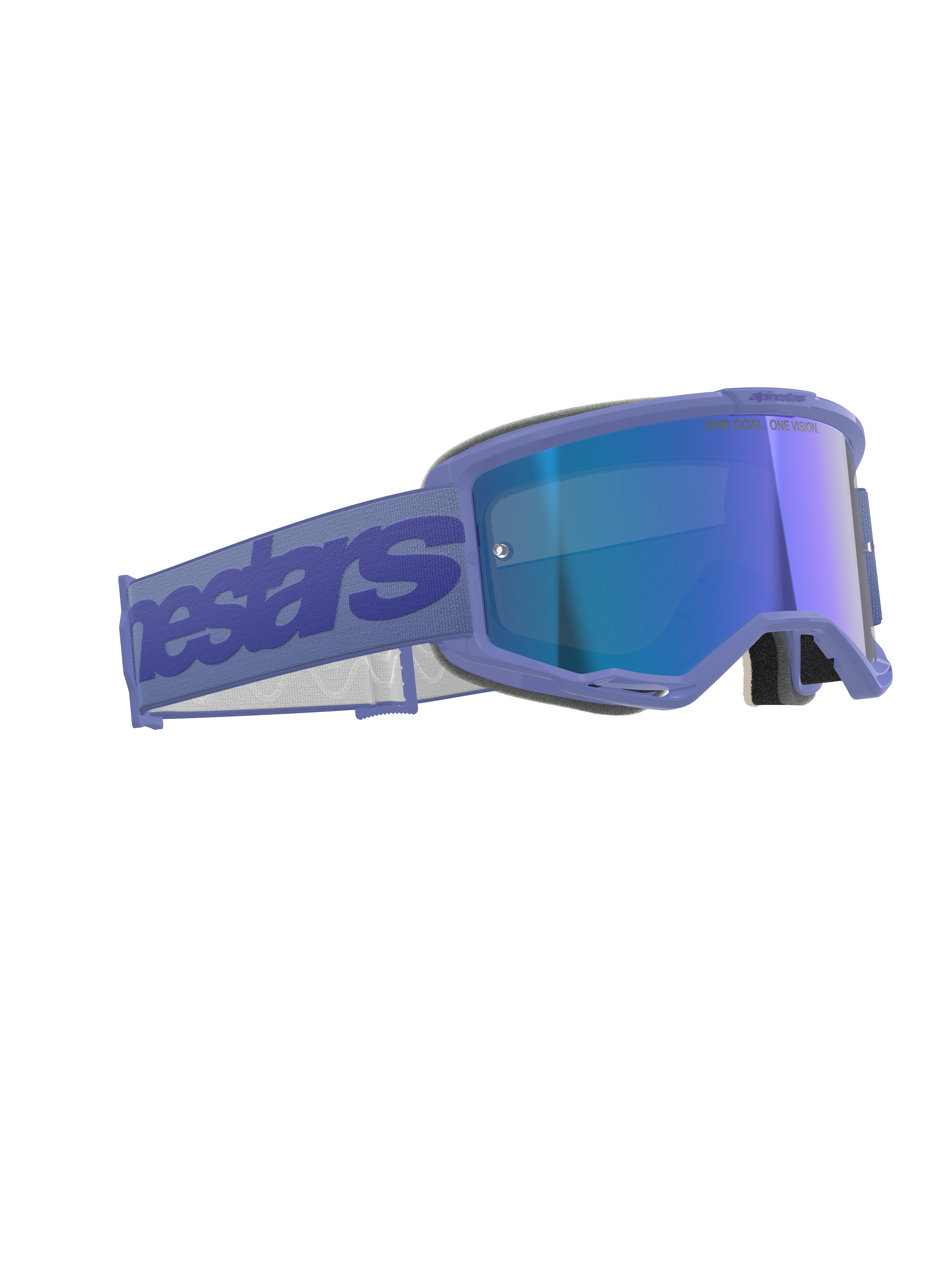 Óculos Alpinestars Vision 5 Wordmark, óculos de motocross, roxo e azul espelhado, com armação roxa e lente azul refletora, tira larga roxa com a marca Alpinestars, design ergonómico para corridas off-road