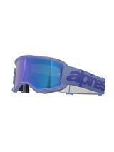 Óculos Alpinestars Vision 5 Wordmark, óculos de motocross, Roxo com Lente Espelhada Azul, com armação roxa e lente espelhada azul, fita larga tecida em roxo com logótipo azul escuro, proteção ocular profissional para off-road