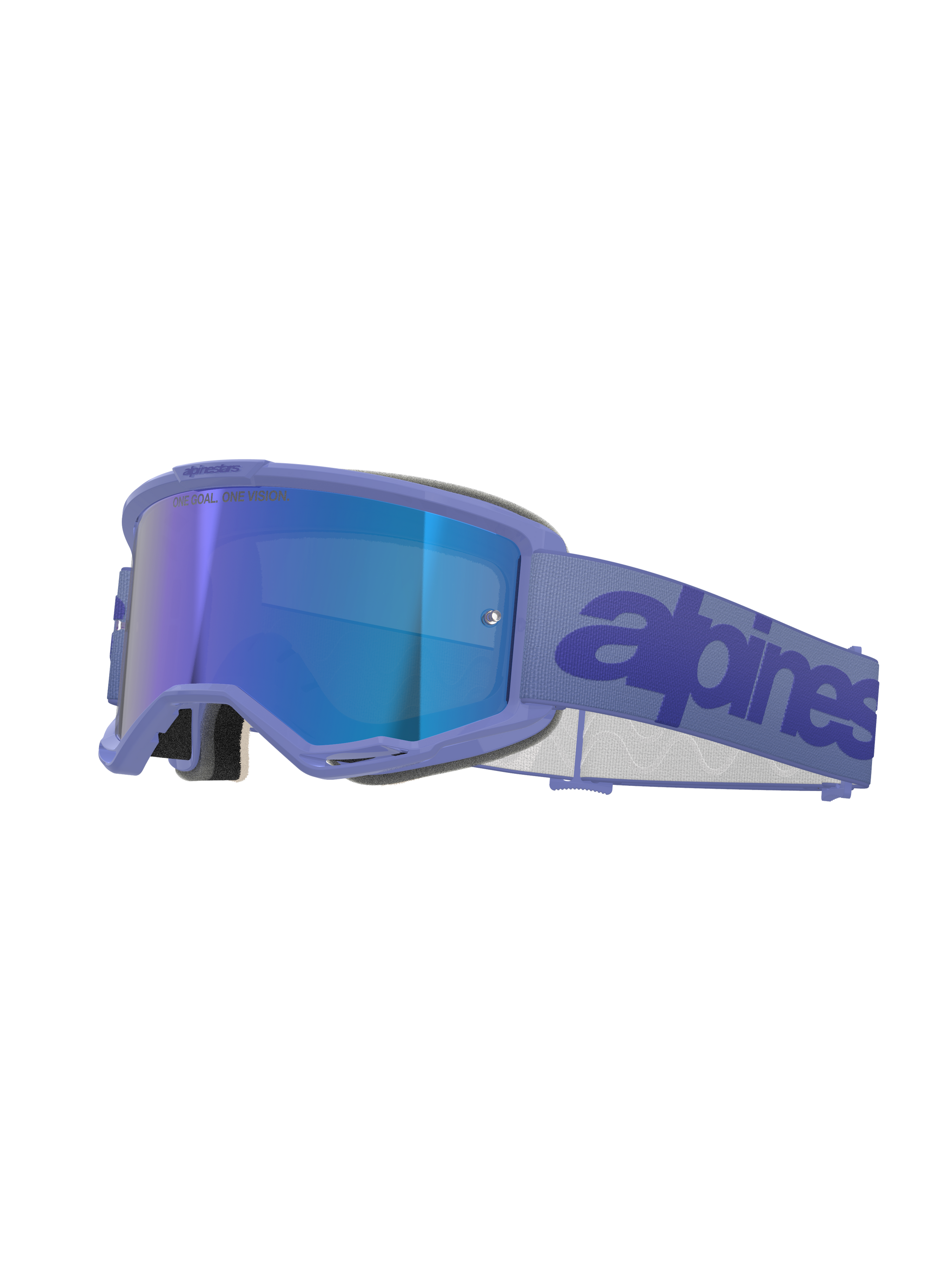 Óculos Alpinestars Vision 5 Wordmark, óculos de motocross, Roxo com Lente Espelhada Azul, com armação roxa e lente espelhada azul, fita larga tecida em roxo com logótipo azul escuro, proteção ocular profissional para off-road