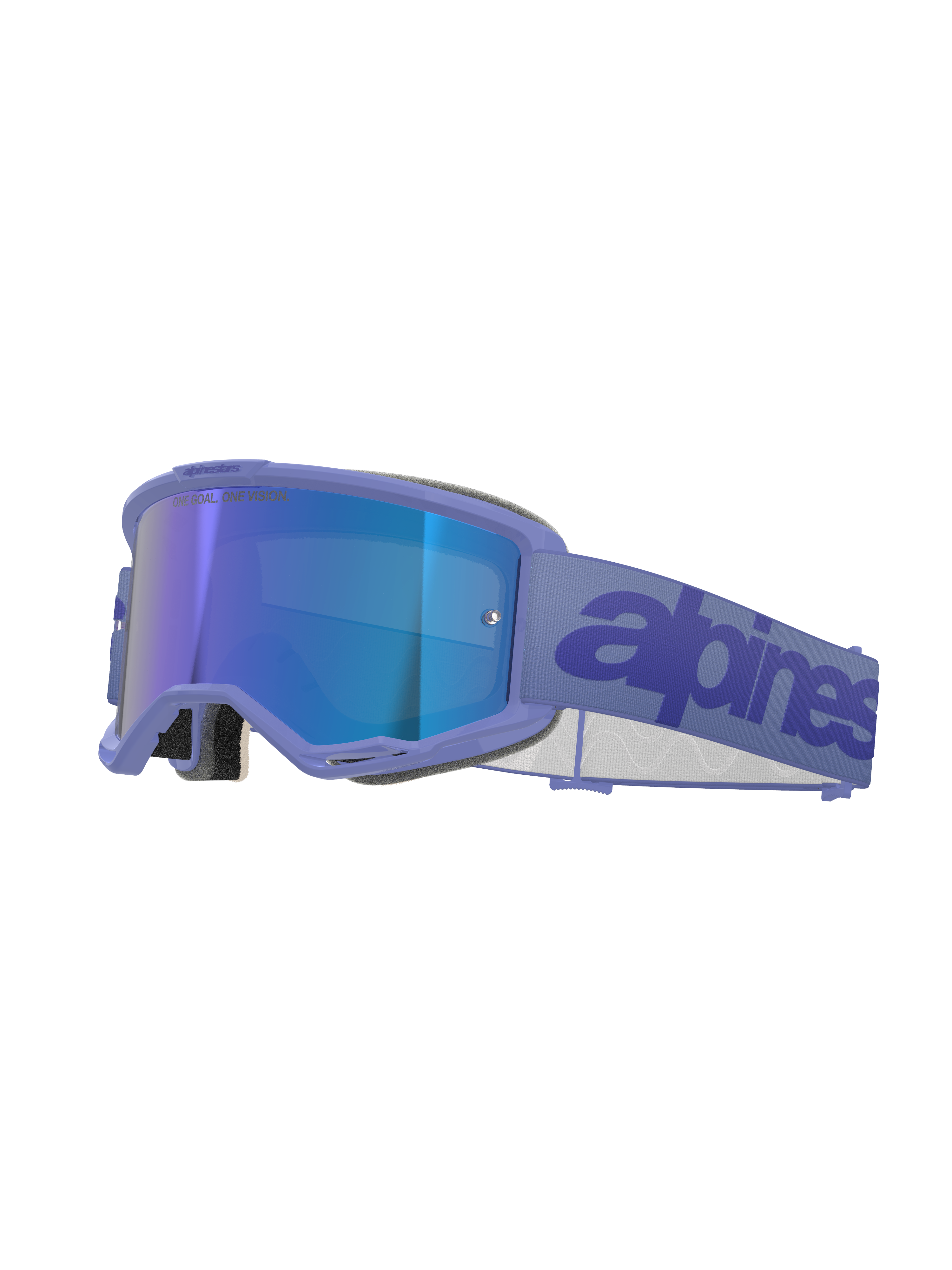 Óculos Alpinestars Vision 5 Wordmark, óculos de motocross, Roxo com Lente Espelhada Azul, com armação roxa e lente espelhada azul, fita larga tecida em roxo com logótipo azul escuro, proteção ocular profissional para off-road