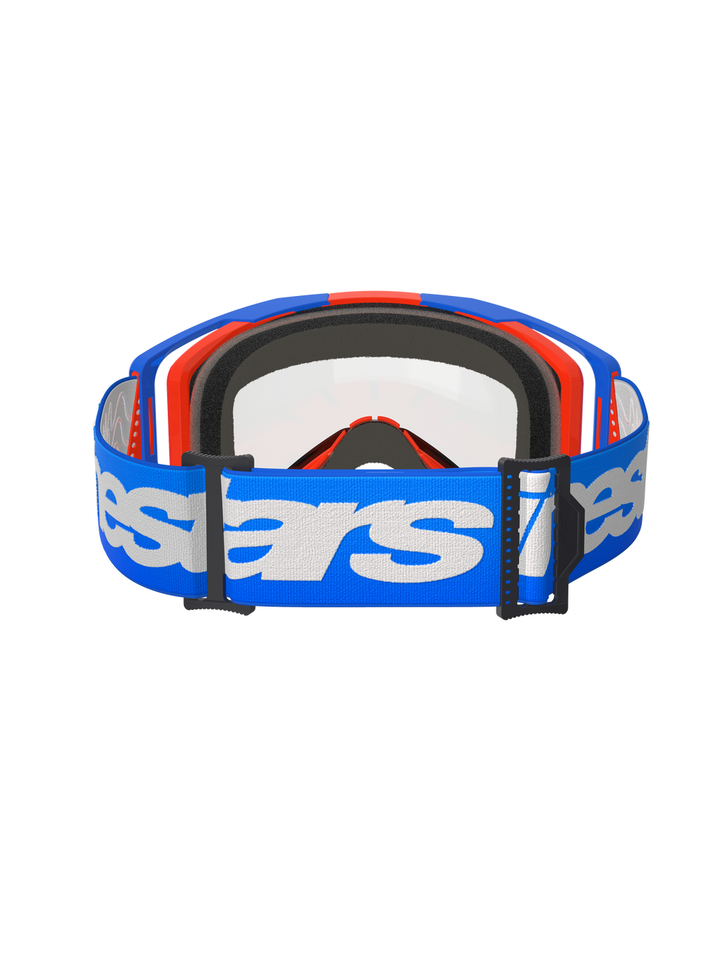 Óculos Alpinestars Vision 8 Wordmark, óculos de motocross, azuis e laranja com lente transparente, correia azul larga com logótipo Alpinestars em branco, óculos de alta performance para corridas todo-o-terreno