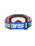 Óculos Alpinestars Vision 8 Wordmark, óculos de motocross, azuis e laranja com lente transparente, correia azul larga com logótipo Alpinestars em branco, óculos de alta performance para corridas todo-o-terreno