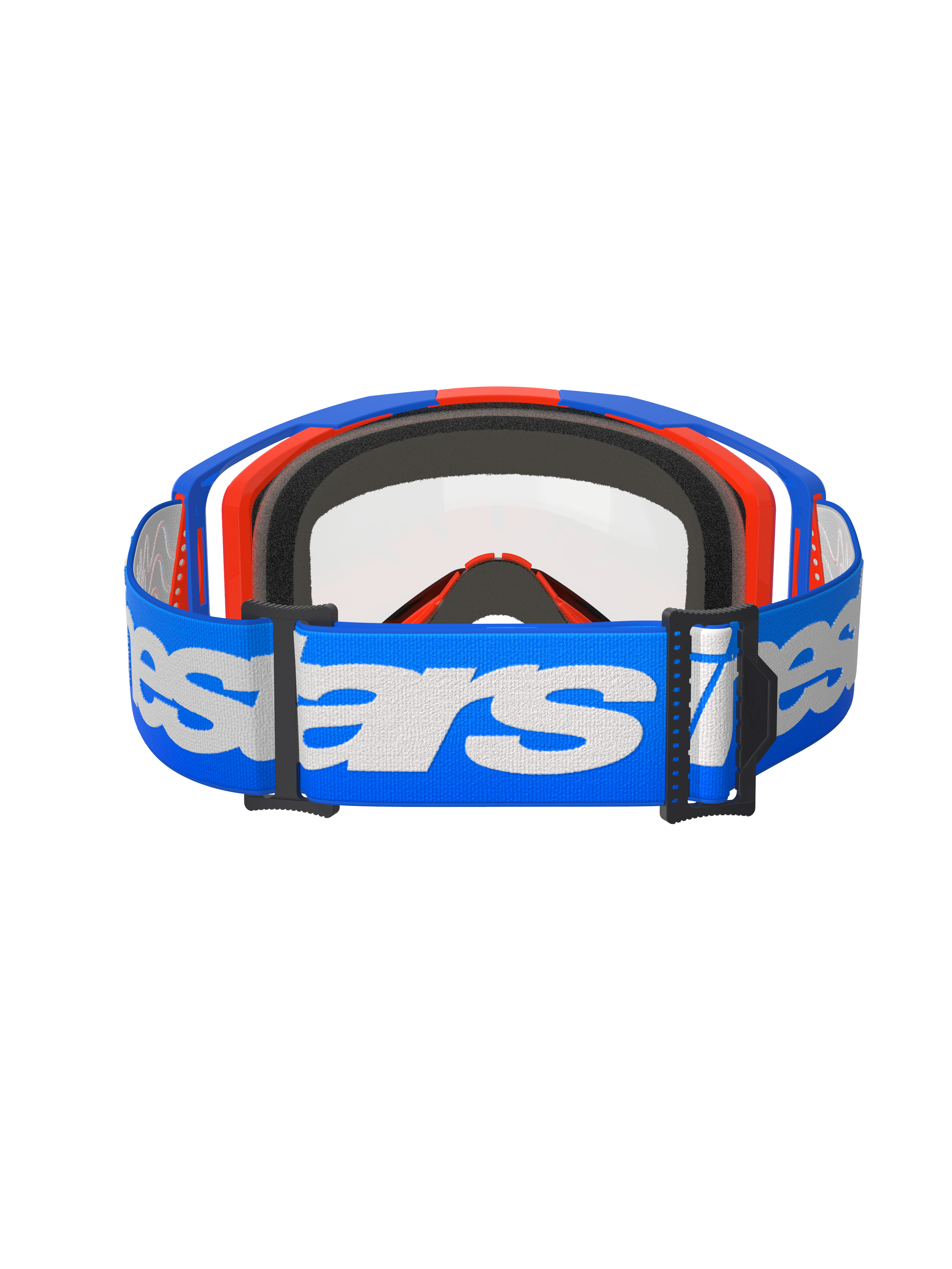 Óculos Alpinestars Vision 8 Wordmark, óculos de motocross, azuis e laranja com lente transparente, correia azul larga com logótipo Alpinestars em branco, óculos de alta performance para corridas todo-o-terreno