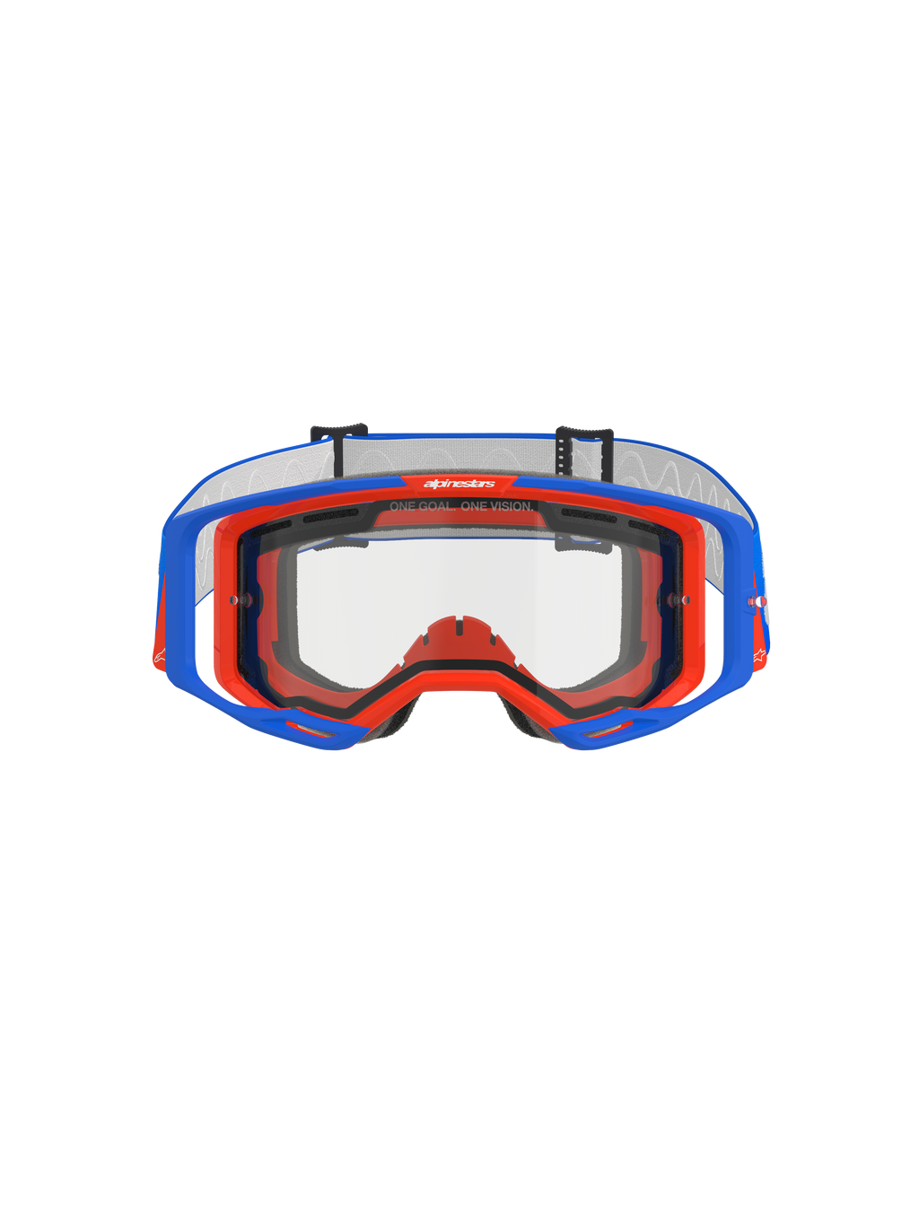 Alpinestars Vision 8 Wordmark Goggles Dual Pane, Motocross Goggles, Blue and Orange with clear lens, front view showing the A-FLEX frame and dual-pane lens, features "ONE GOAL. ONE VISION." slogan on top rim, high-performance off-road racing gear