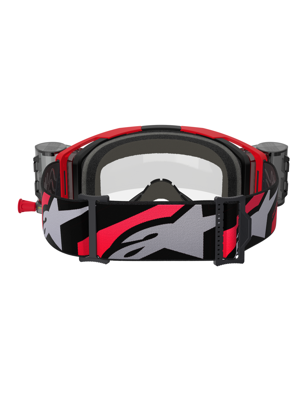 Alpinestars Vision 8 Luar Goggles Roll Off, Motocross Goggles, Red Black and Clear, back view featuring grey interior face foam, roll-off system canisters on the sides, and a wide adjustable strap with a large grey Alpinestars logo and red accents.