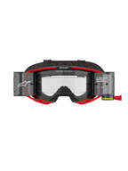 Alpinestars Vision 8 Luar Goggles Roll Off, Motocross Goggles, Red and Black, featuring a clear lens with integrated roll-off system canisters, bold Alpinestars branding with "ONE GOAL. ONE VISION." text, designed for off-road racing visibility