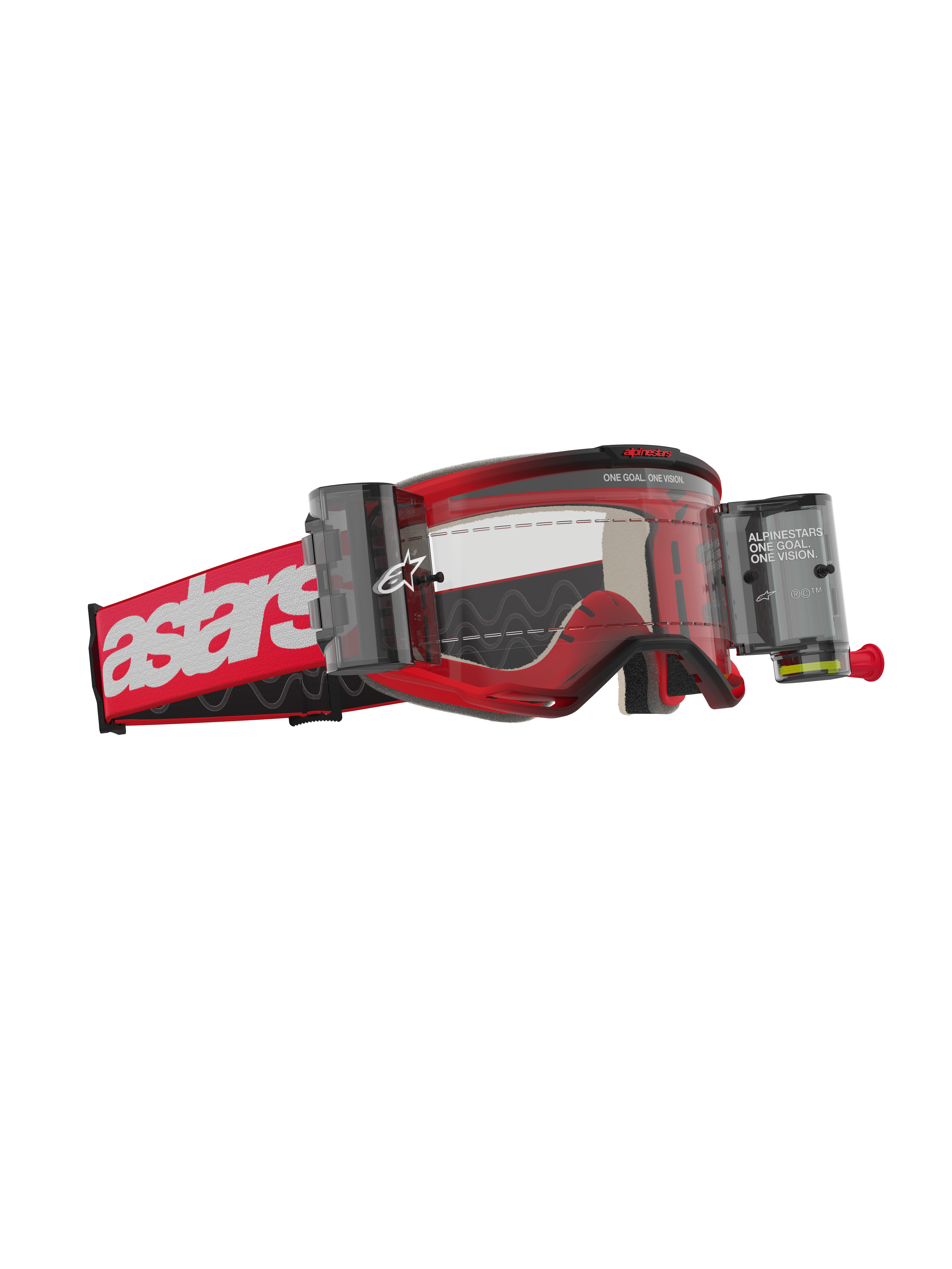 Alpinestars Vision 5 Blaze Goggles Roll Off, Motocross Goggles, Red frame with white astars logo on the strap, clear lens with integrated Wide Vision Roll-Off system canisters, durable eye protection for off-road riding
