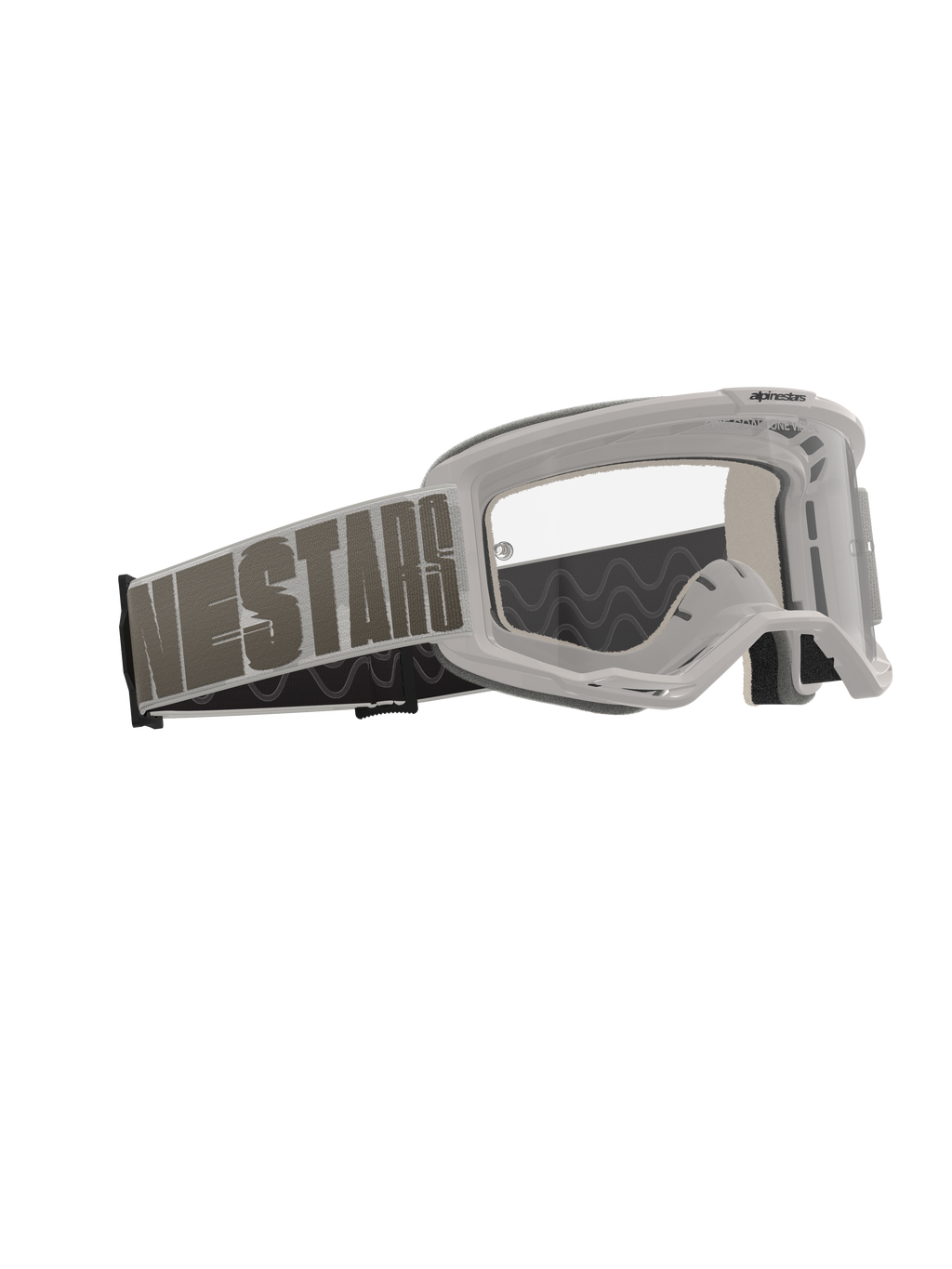 Alpinestars Vision 5 Hollow Goggles, óculos de motocross, Wind Clear, armação cinzento-claro com lente transparente anti-embaciamento, fita tecida larga com a marca 'NESTARS' em destaque, proteção ocular de alta performance para corridas todo-o-terreno