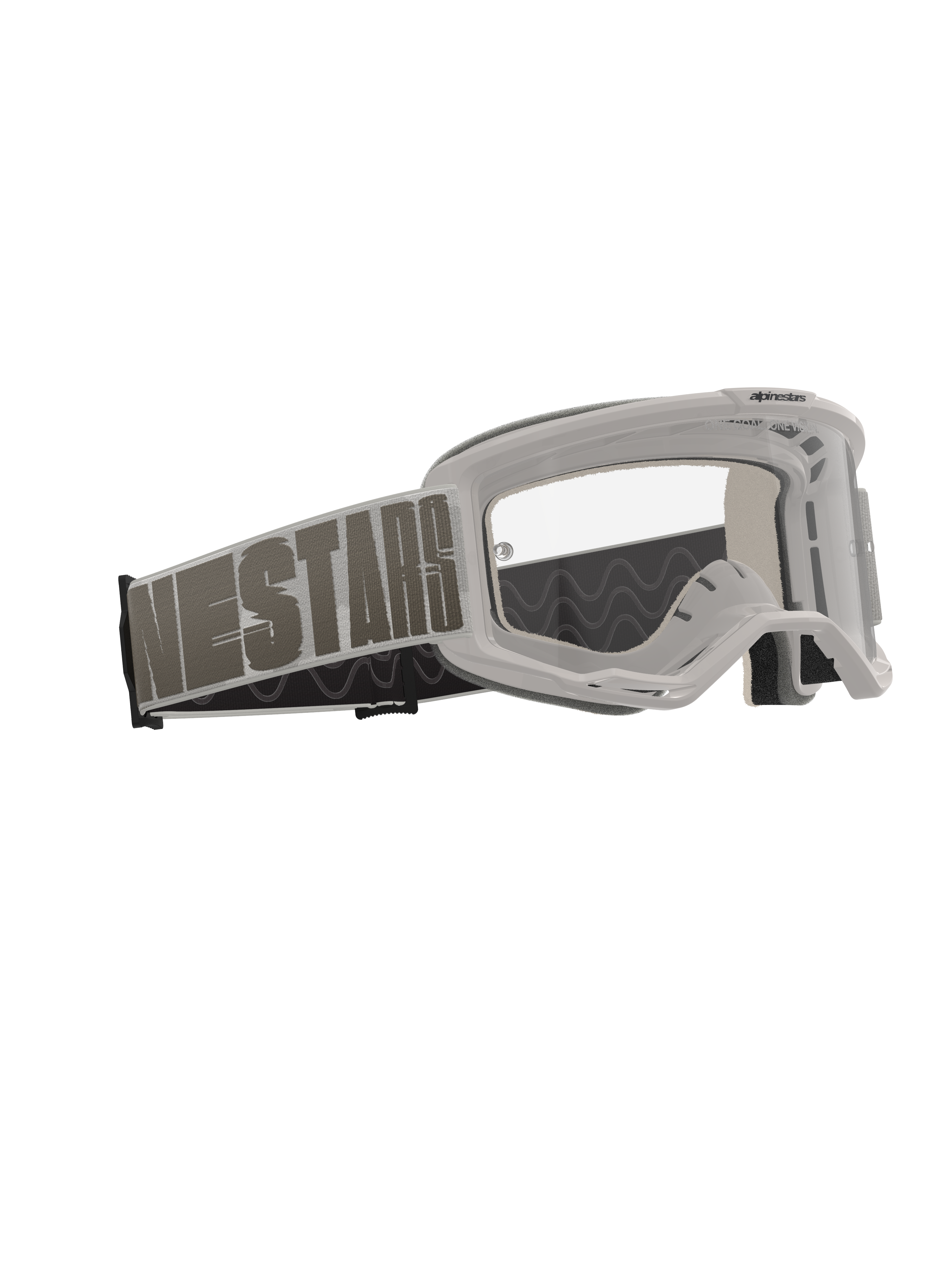 Alpinestars Vision 5 Hollow Goggles, óculos de motocross, Wind Clear, armação cinzento-claro com lente transparente anti-embaciamento, fita tecida larga com a marca 'NESTARS' em destaque, proteção ocular de alta performance para corridas todo-o-terreno