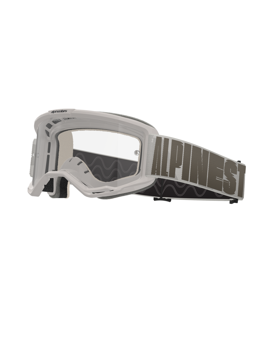 Alpinestars Vision 5 Hollow Goggles, óculos de motocross, armação branca com lente transparente, fita larga cinzento-claro com letras Alpinestars arrojadas em cinzento-escuro, acolchoamento de espuma multicamada, proteção ocular de alto desempenho para todo-o-terreno