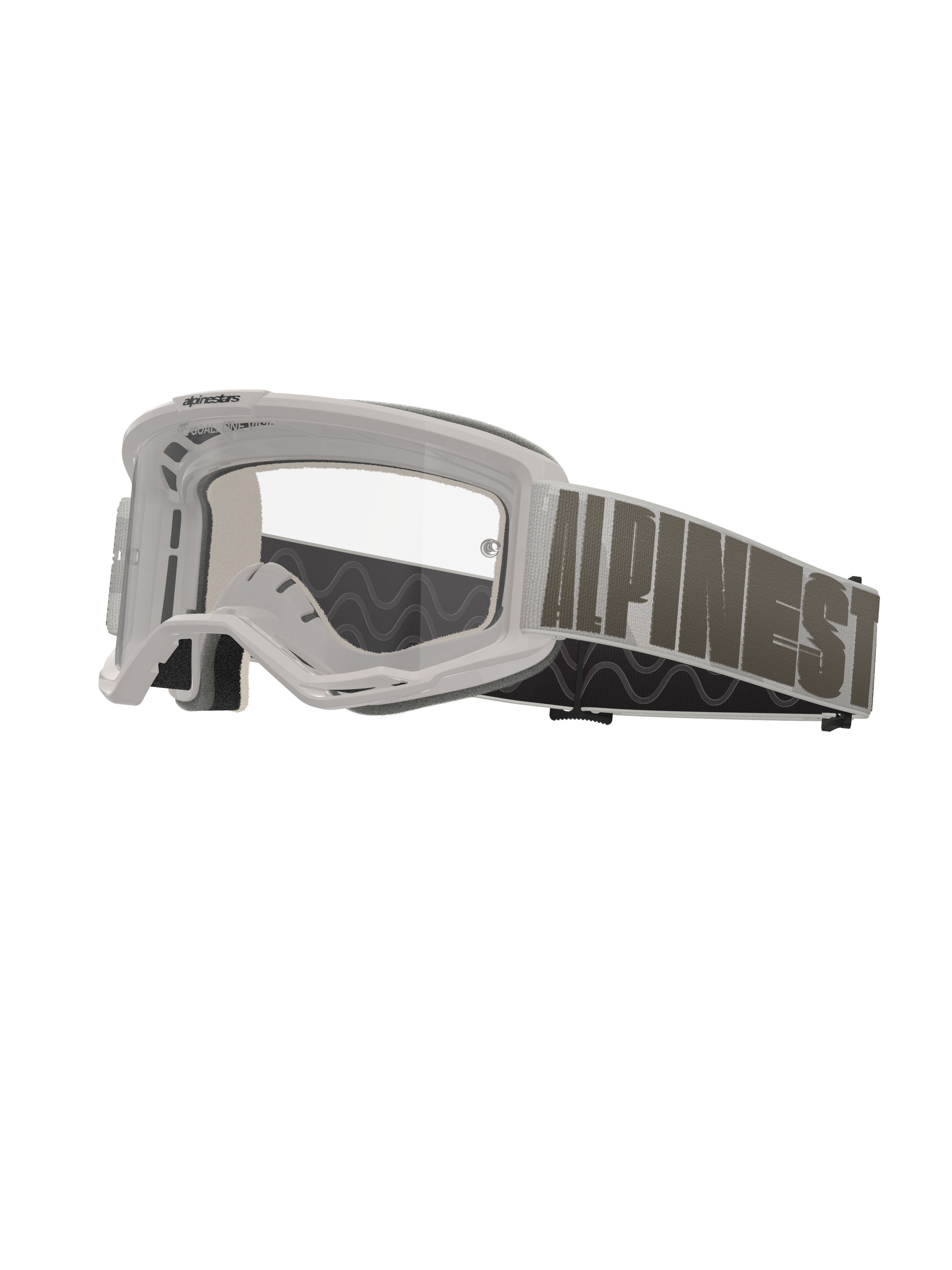 Alpinestars Vision 5 Hollow Goggles, óculos de motocross, armação branca com lente transparente, fita larga cinzento-claro com letras Alpinestars arrojadas em cinzento-escuro, acolchoamento de espuma multicamada, proteção ocular de alto desempenho para todo-o-terreno