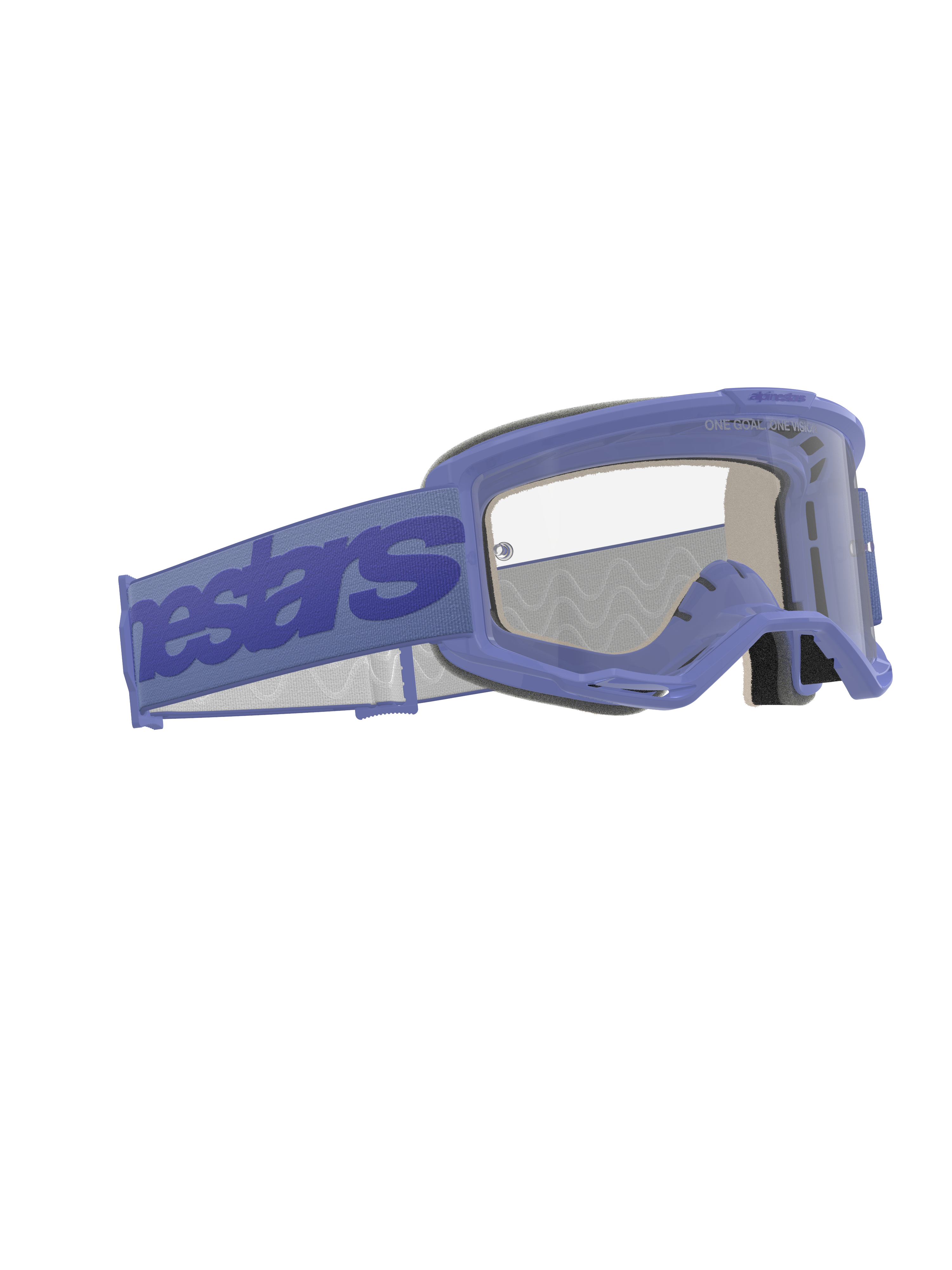 Alpinestars Vision 5 Wordmark Goggles, Motocross Goggles, Purple and Clear, featuring a wide purple strap with Alpinestars branding, flexible urethane frame, clear anti-fog lens, and multi-layer face foam